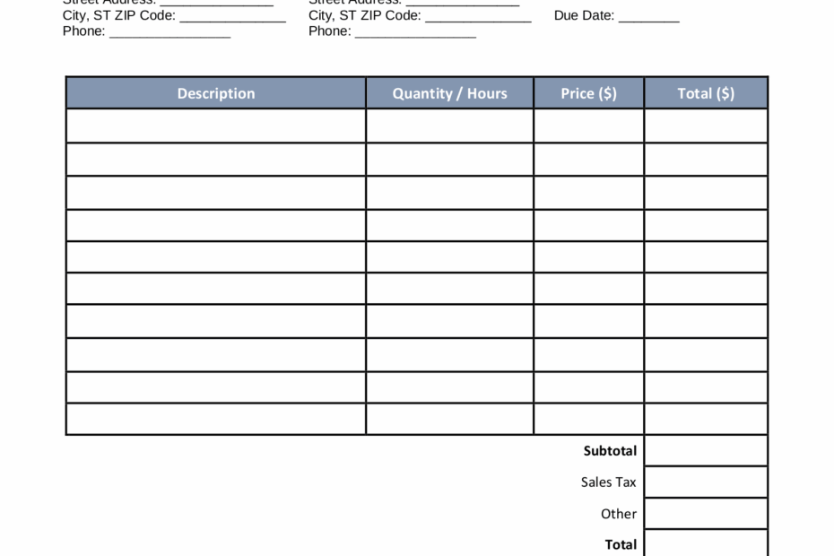 Blank Downloadable Free Printable Auto Repair Invoice Template
