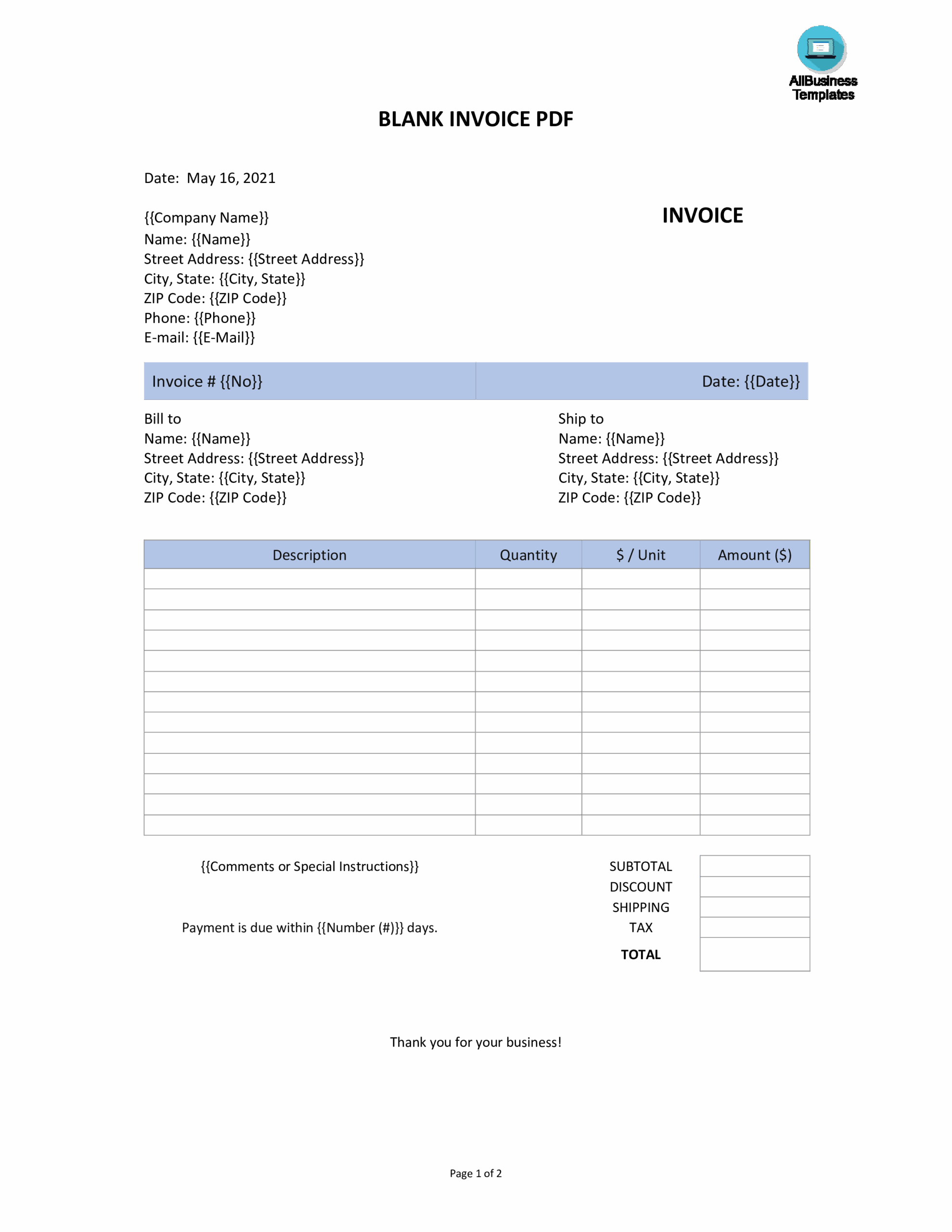 Blank Invoice PDF Templates At Allbusinesstemplates