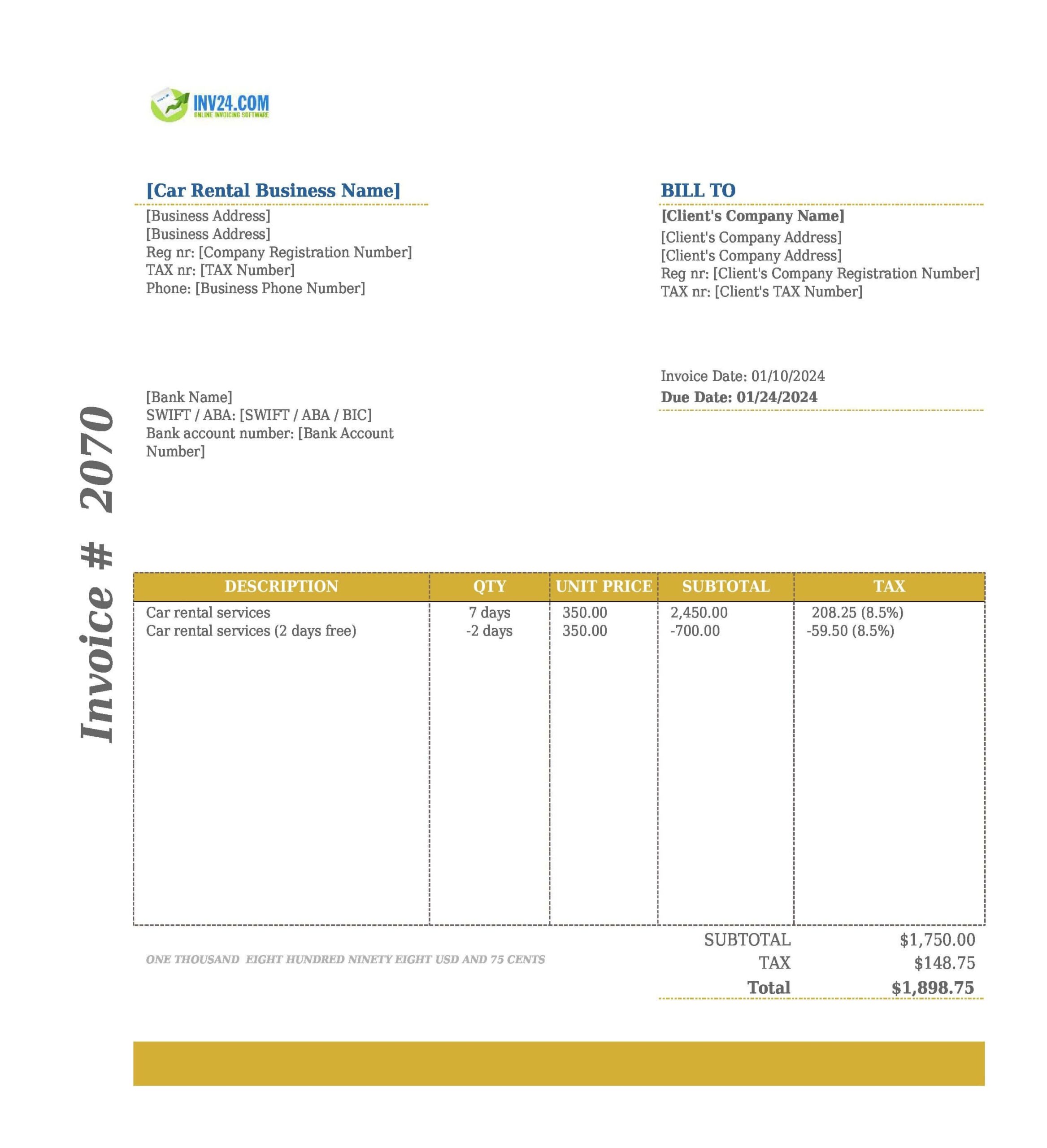 Car Rental Invoice Template Excel Google Sheets 