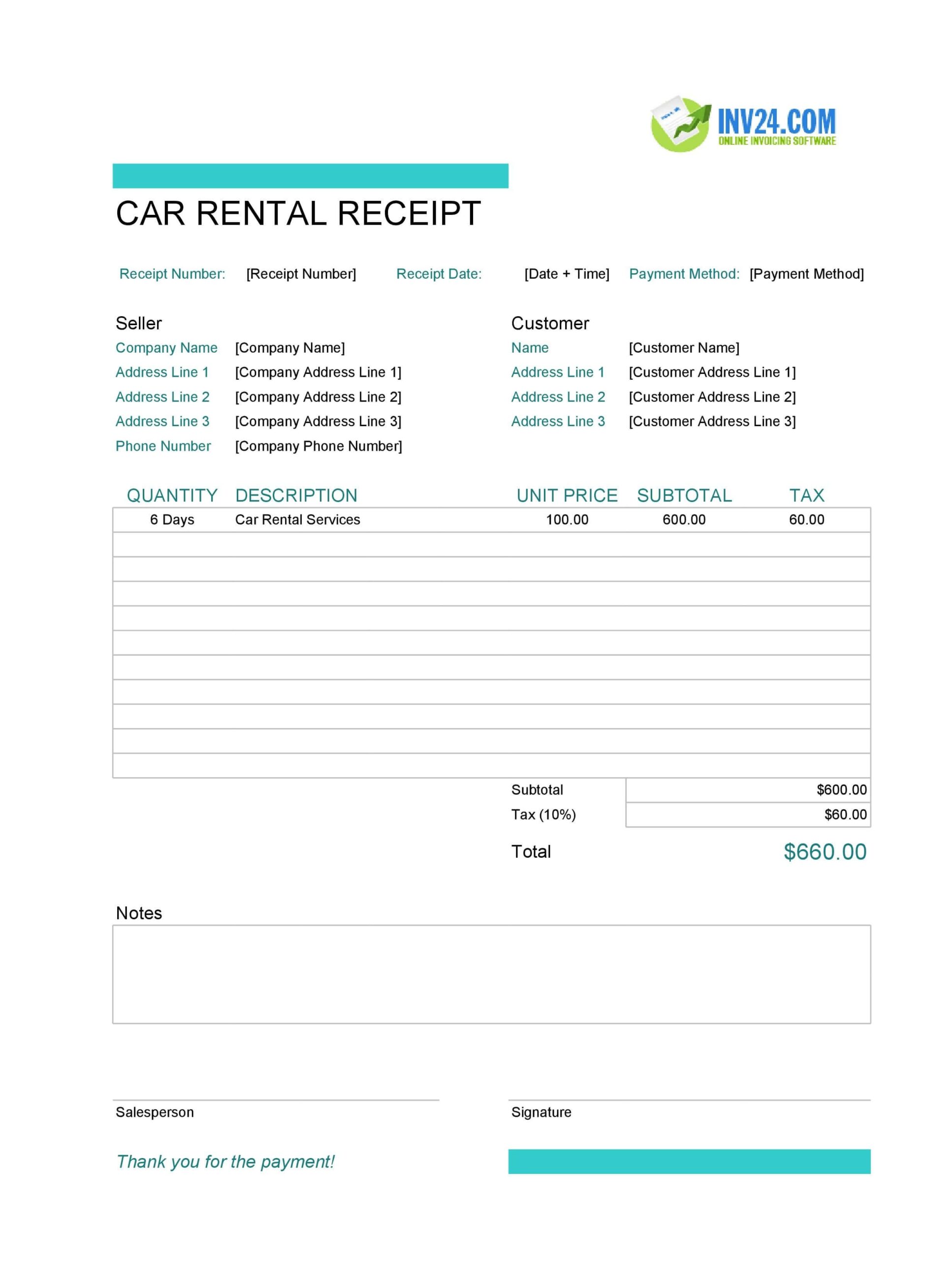 Car Rental Receipt Template Excel Google Sheets 