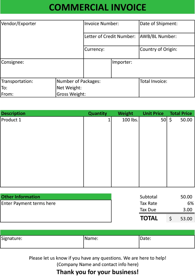Commercial Invoice Excel Template