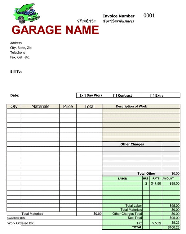 Downloadable Free Printable Auto Repair Invoice Template