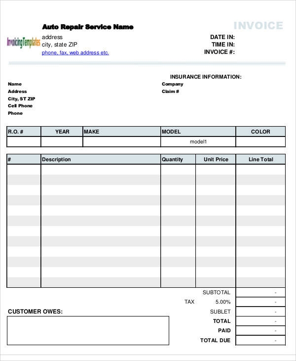 Downloadable Free Printable Auto Repair Invoice Template