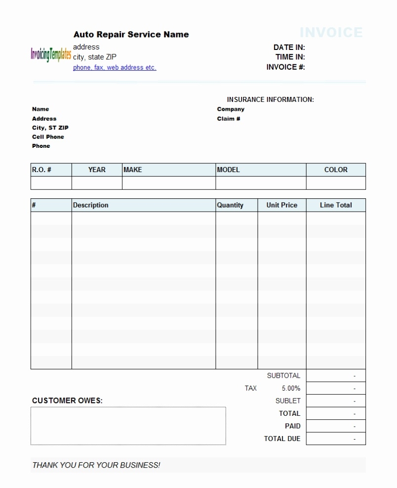 Downloadable Free Printable Auto Repair Invoice Template