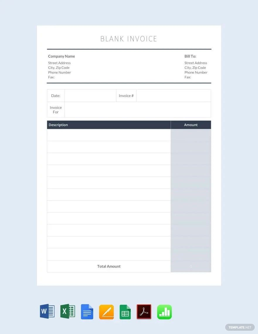 Editable Blank Invoice Template In Google Docs Google Sheets Word Excel Apple Numbers Pages PDF Download Template