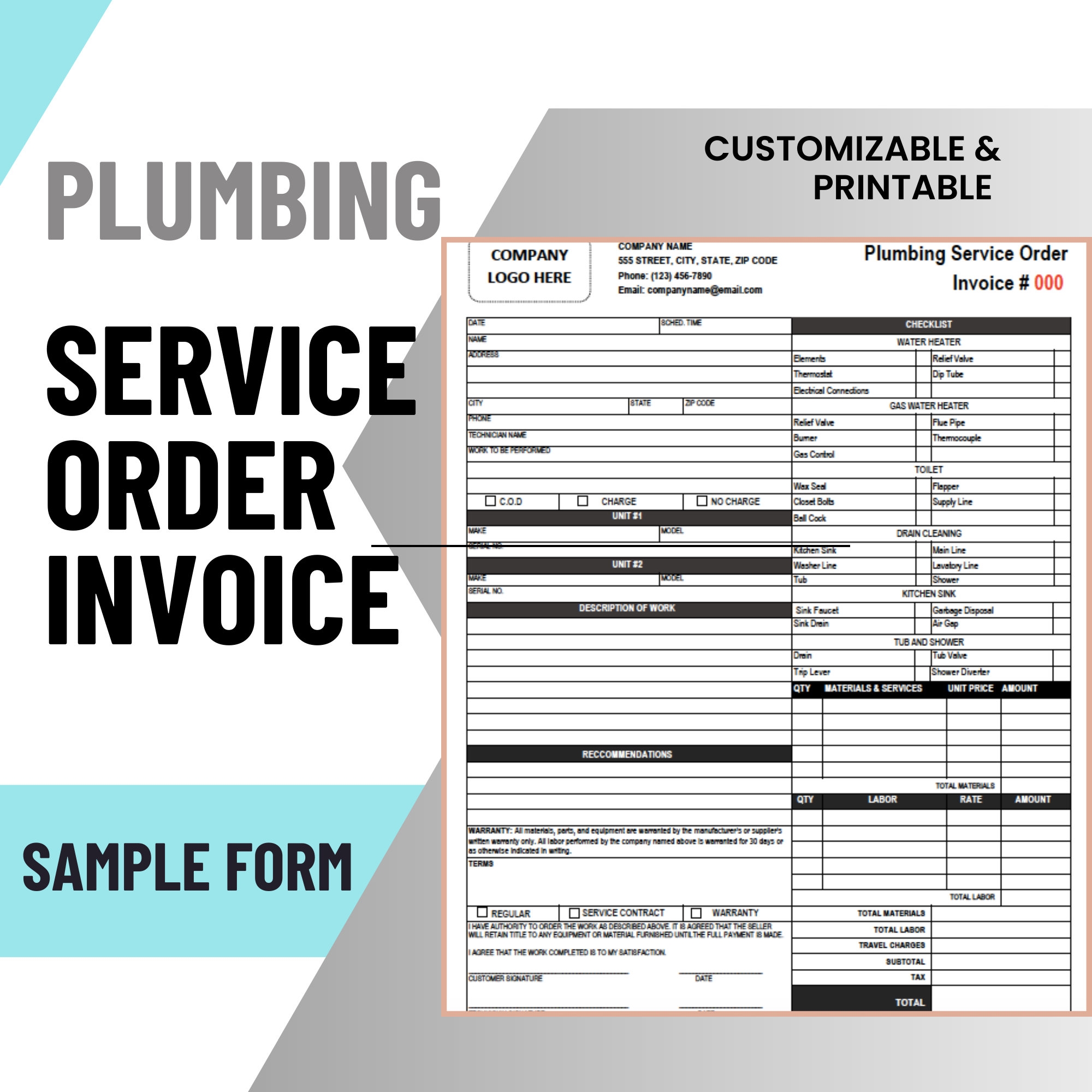 Editable U0026 Printable Plumbing Service Order Form Invoice Etsy