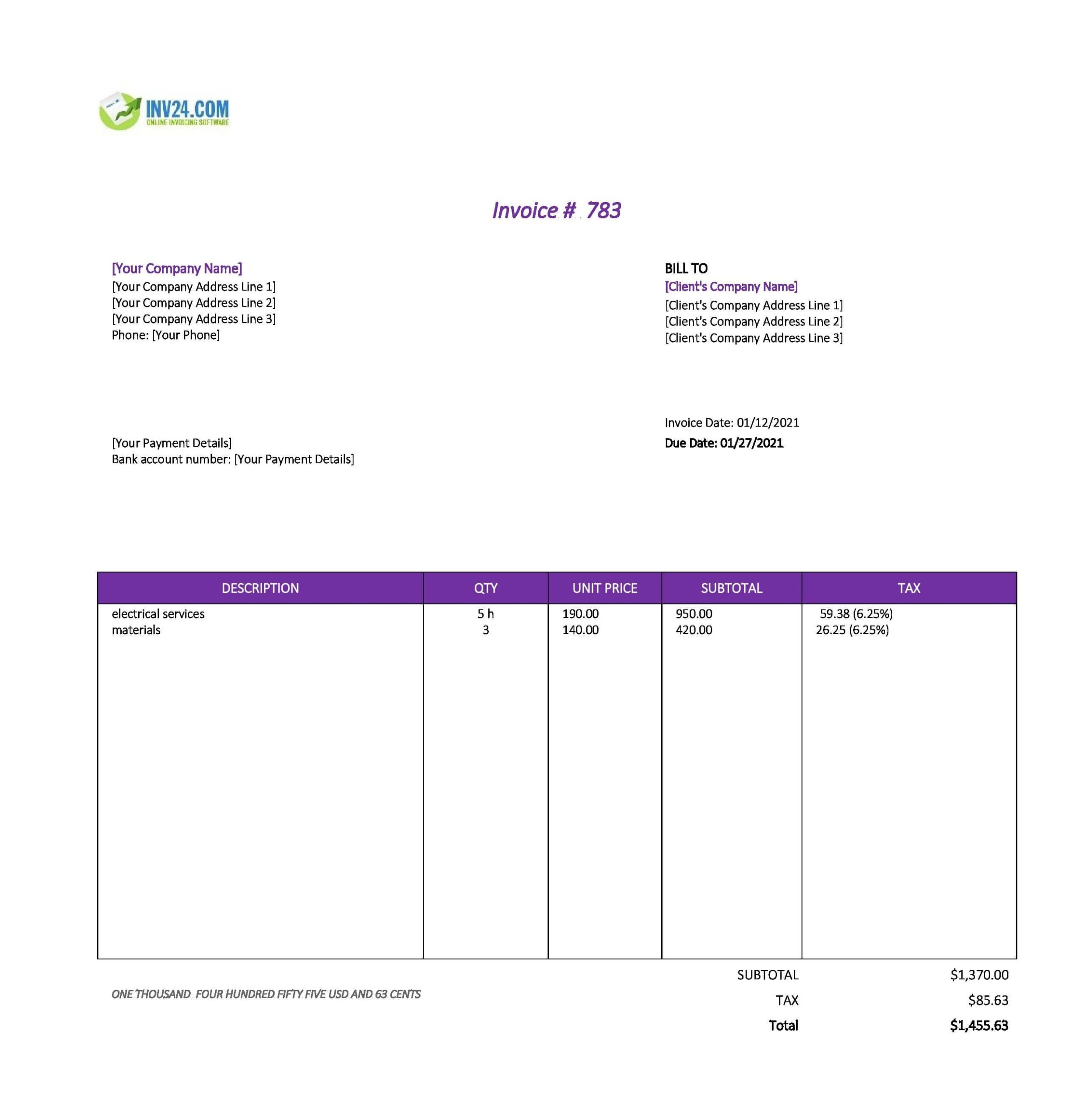 Electrical Invoice Template Excel Google Sheets 