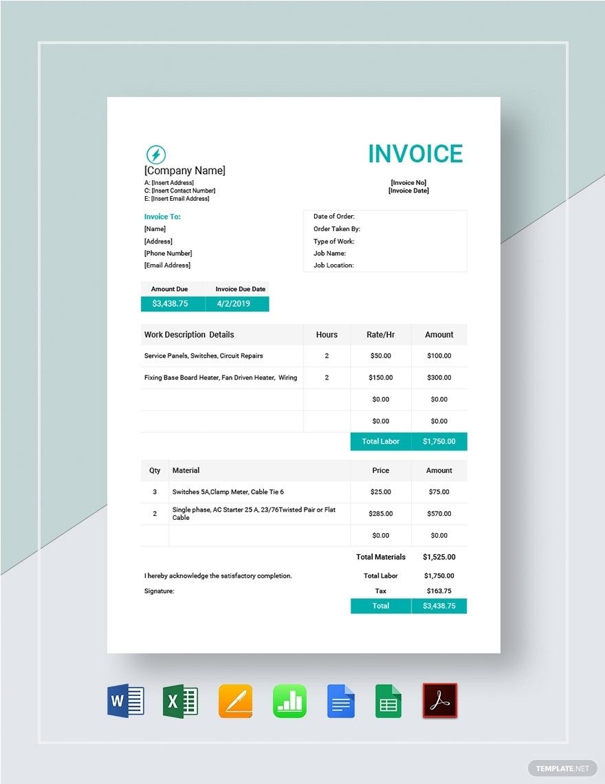 Electrical Work Order Invoice Template In Google Docs Google Sheets Excel Word Apple Numbers Pages PDF Download Template