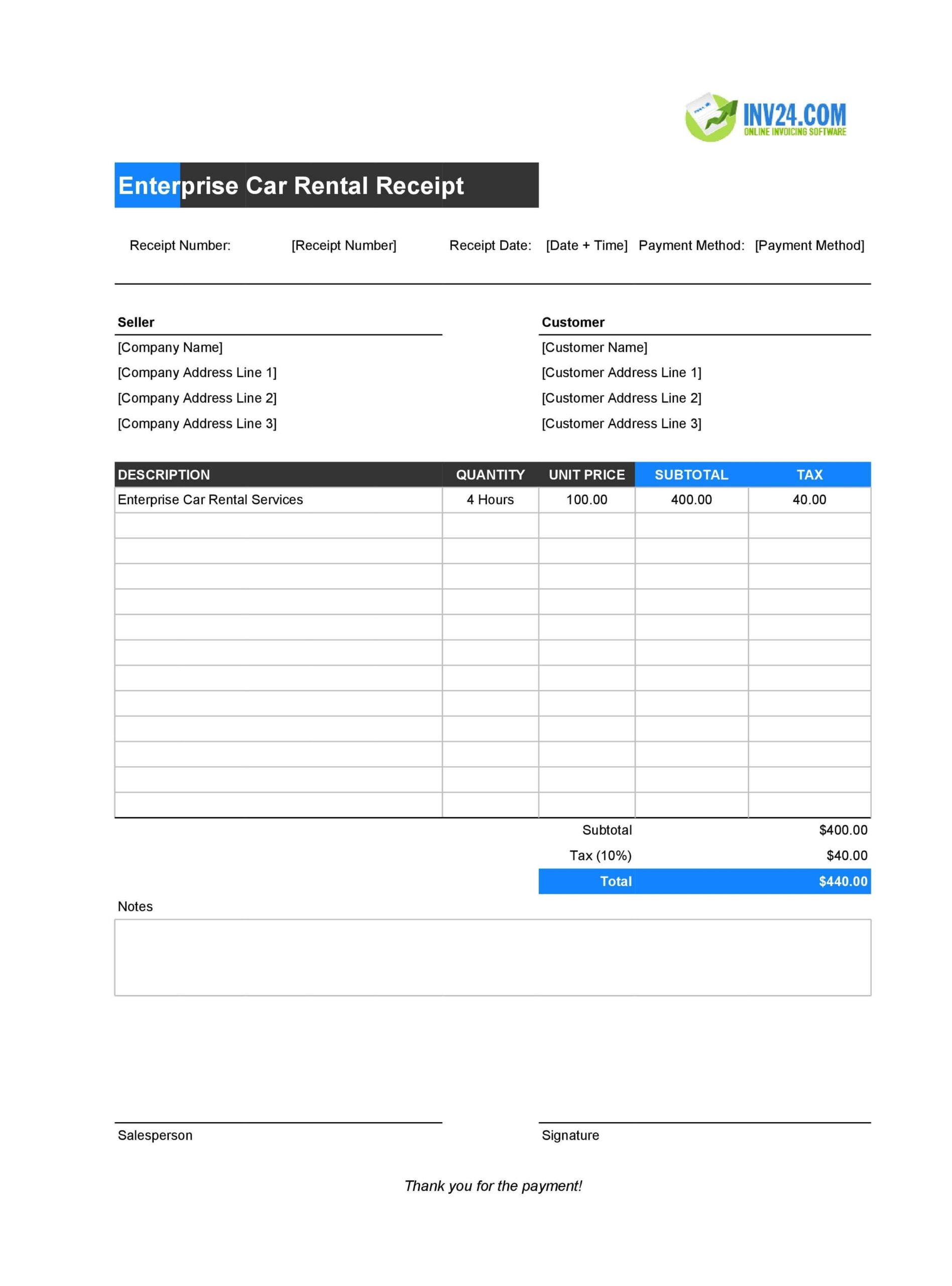 Enterprise Car Rental Receipt Template Excel Google Sheets 