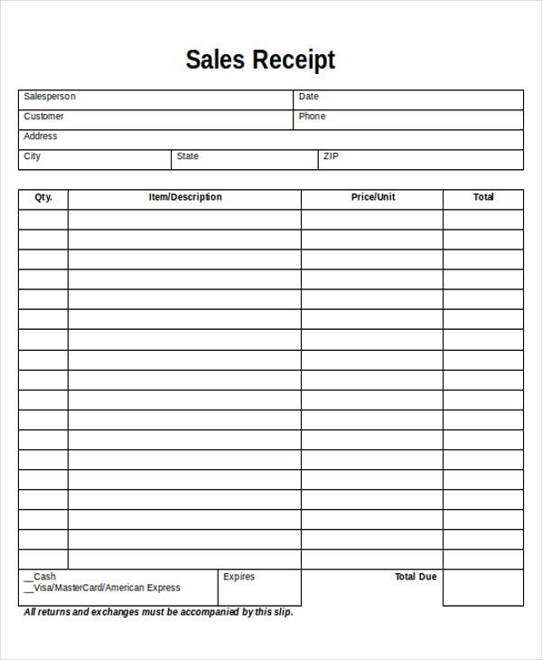 FREE 7 Printable Sales Receipt Samples In MS Word PDF