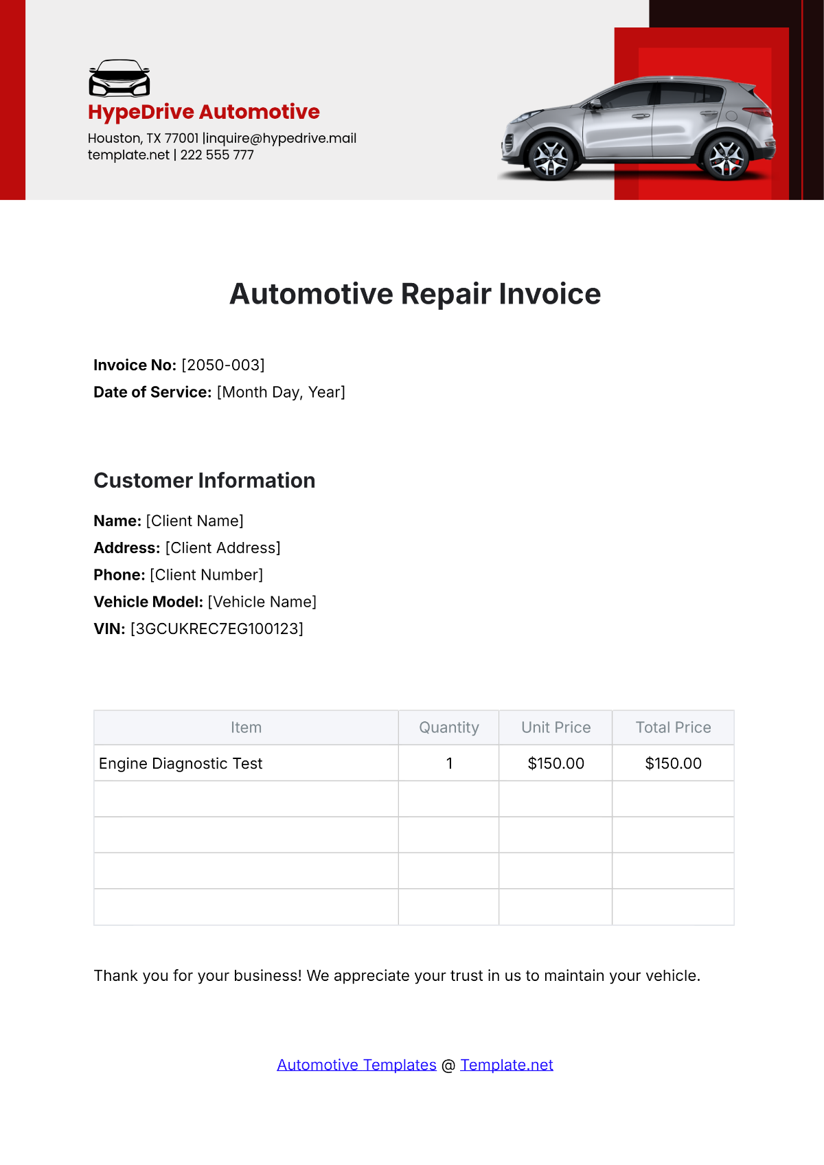 Free Automotive Repair Invoice Template To Edit Online