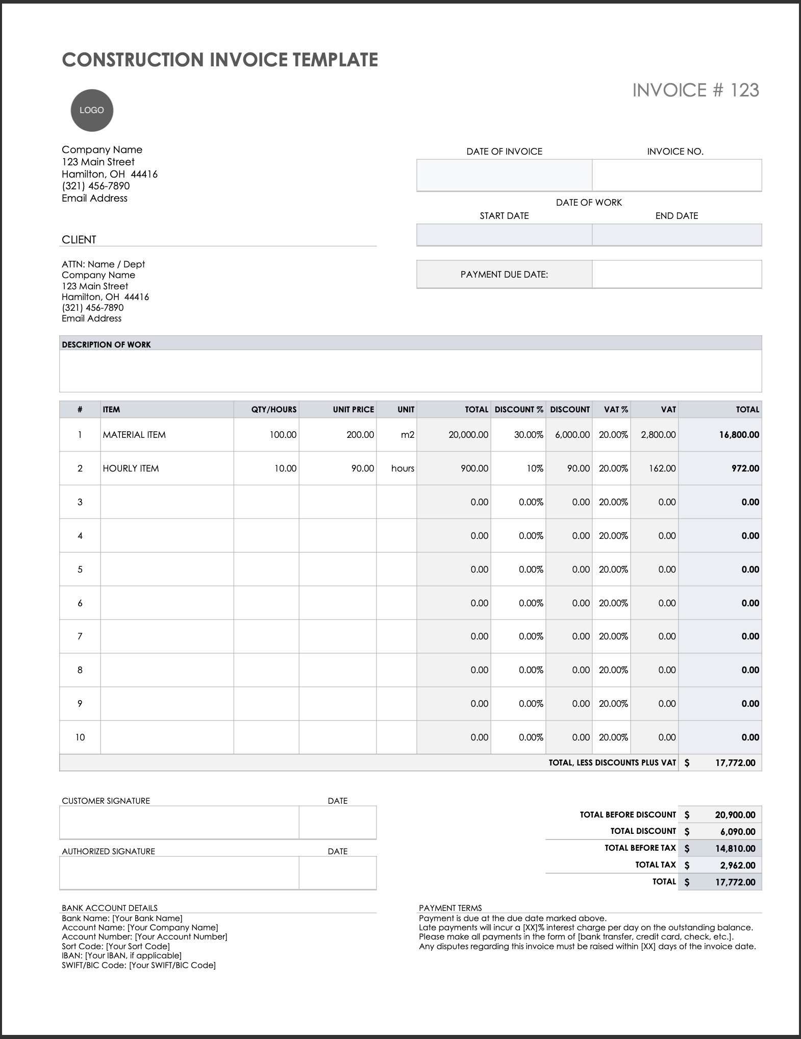 Free Construction Invoice Template Planyard