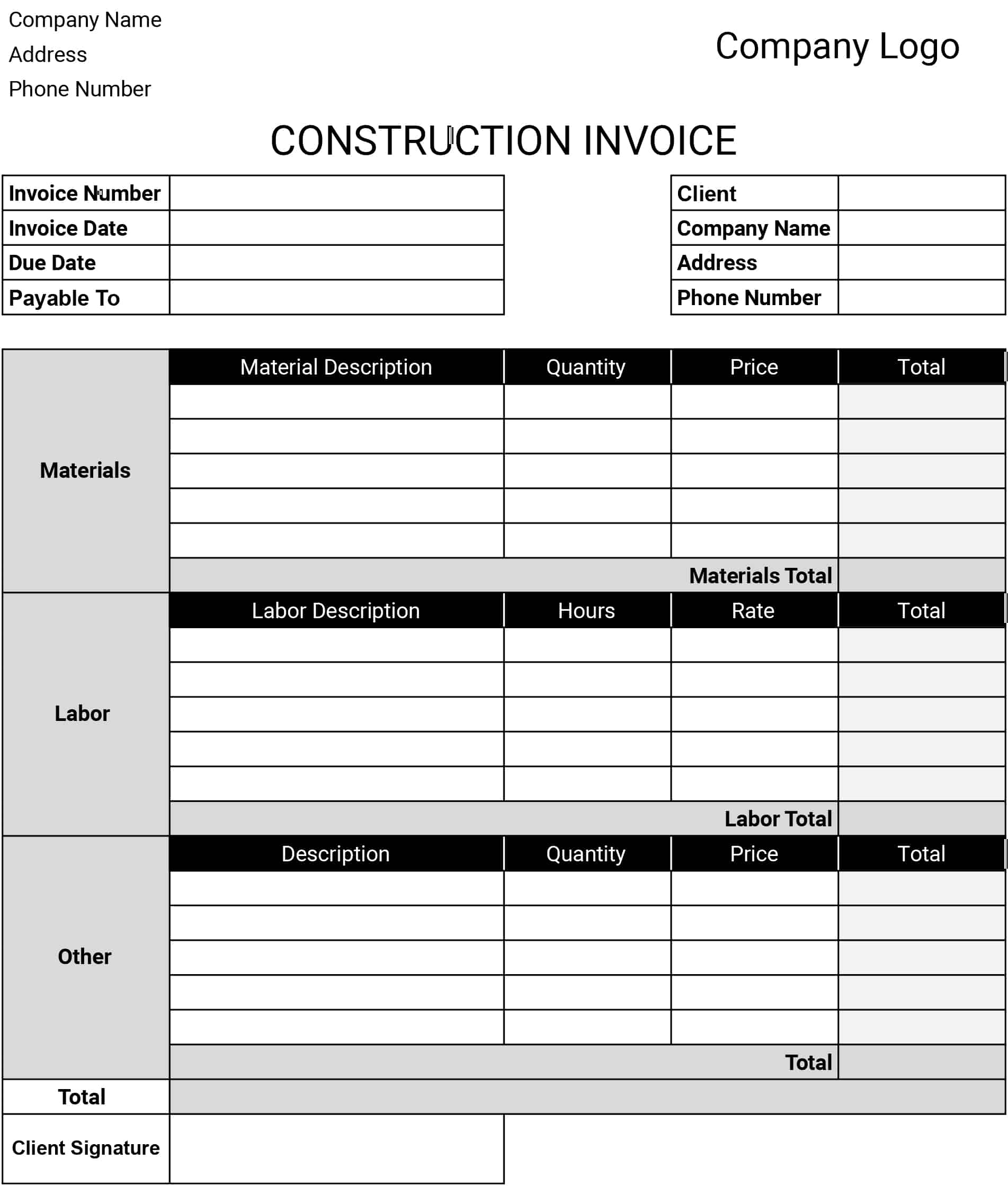 Free Construction Invoice Templates Download Print In PDF Office 