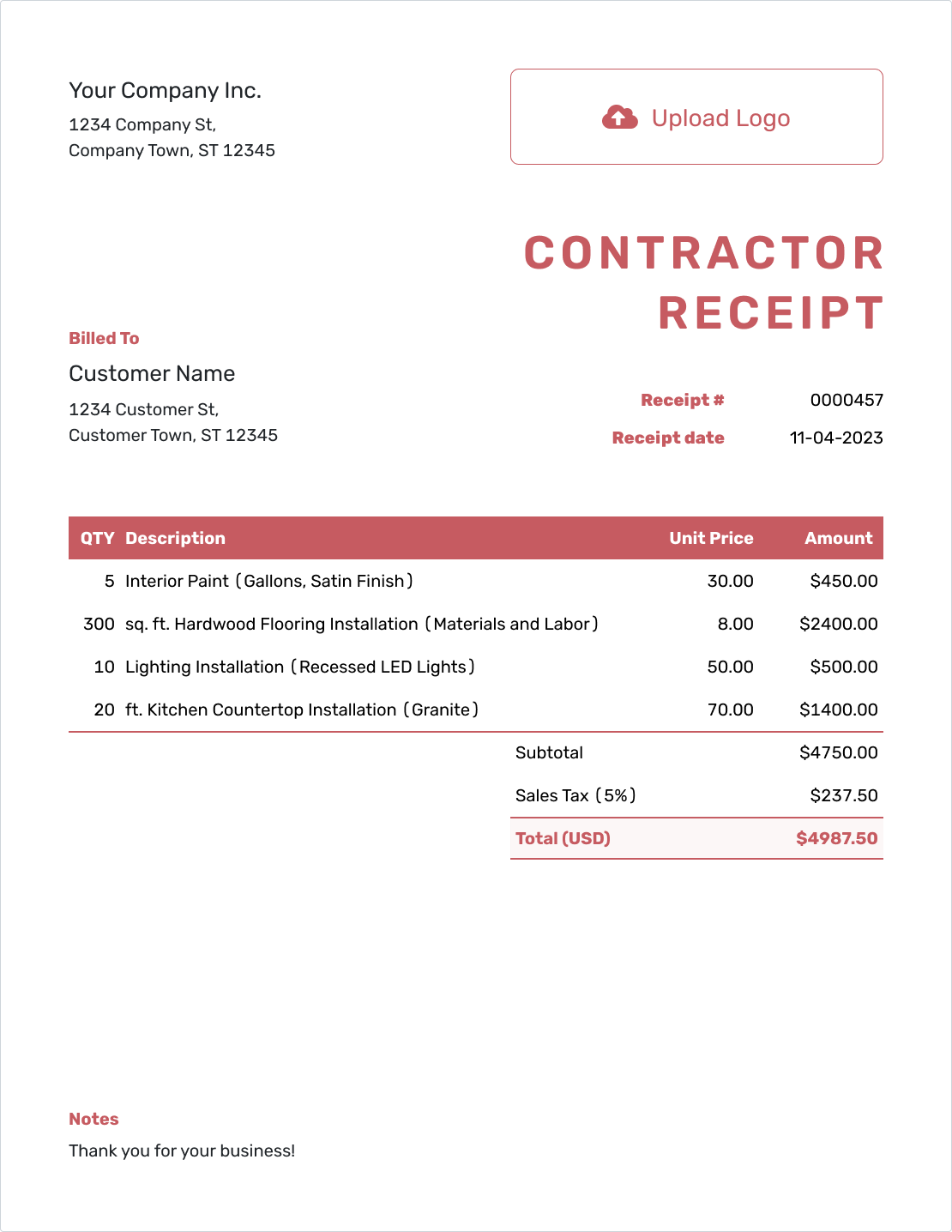 Free Contractor Receipt Template Docelf