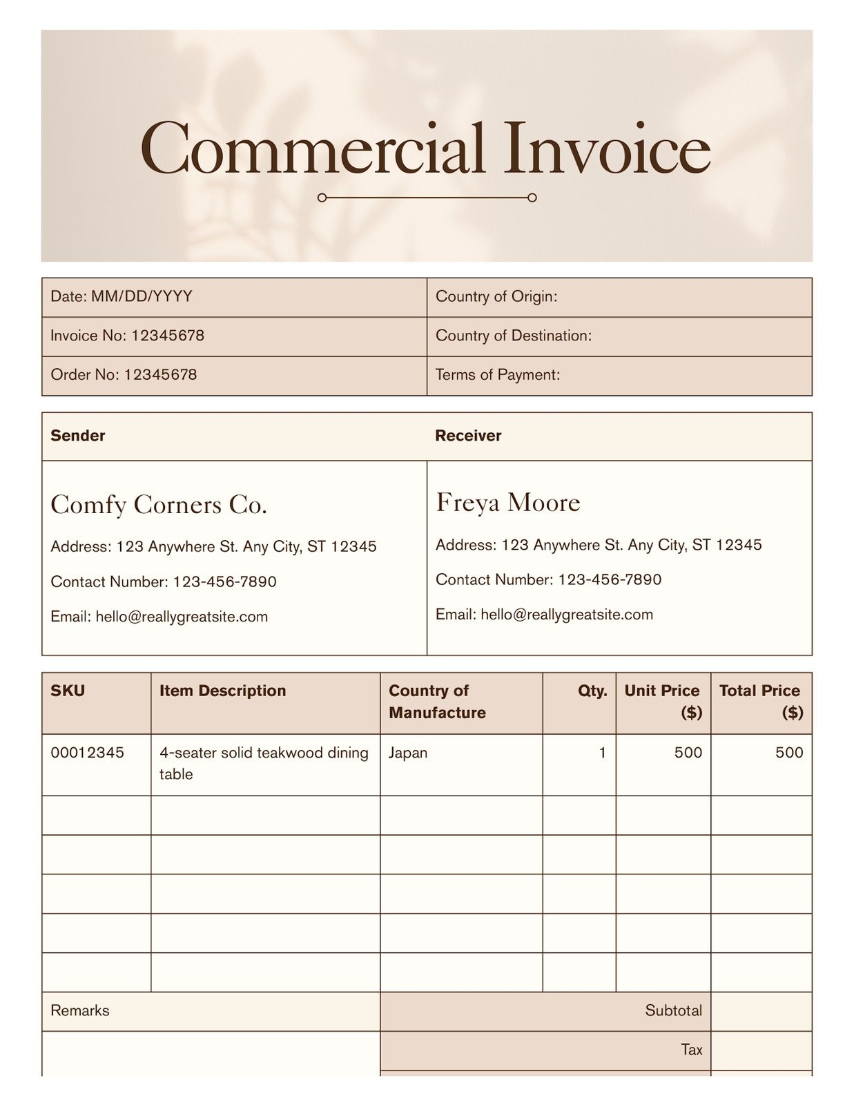 Free Custom Printable Commercial Invoice Templates Canva Worksheets Library