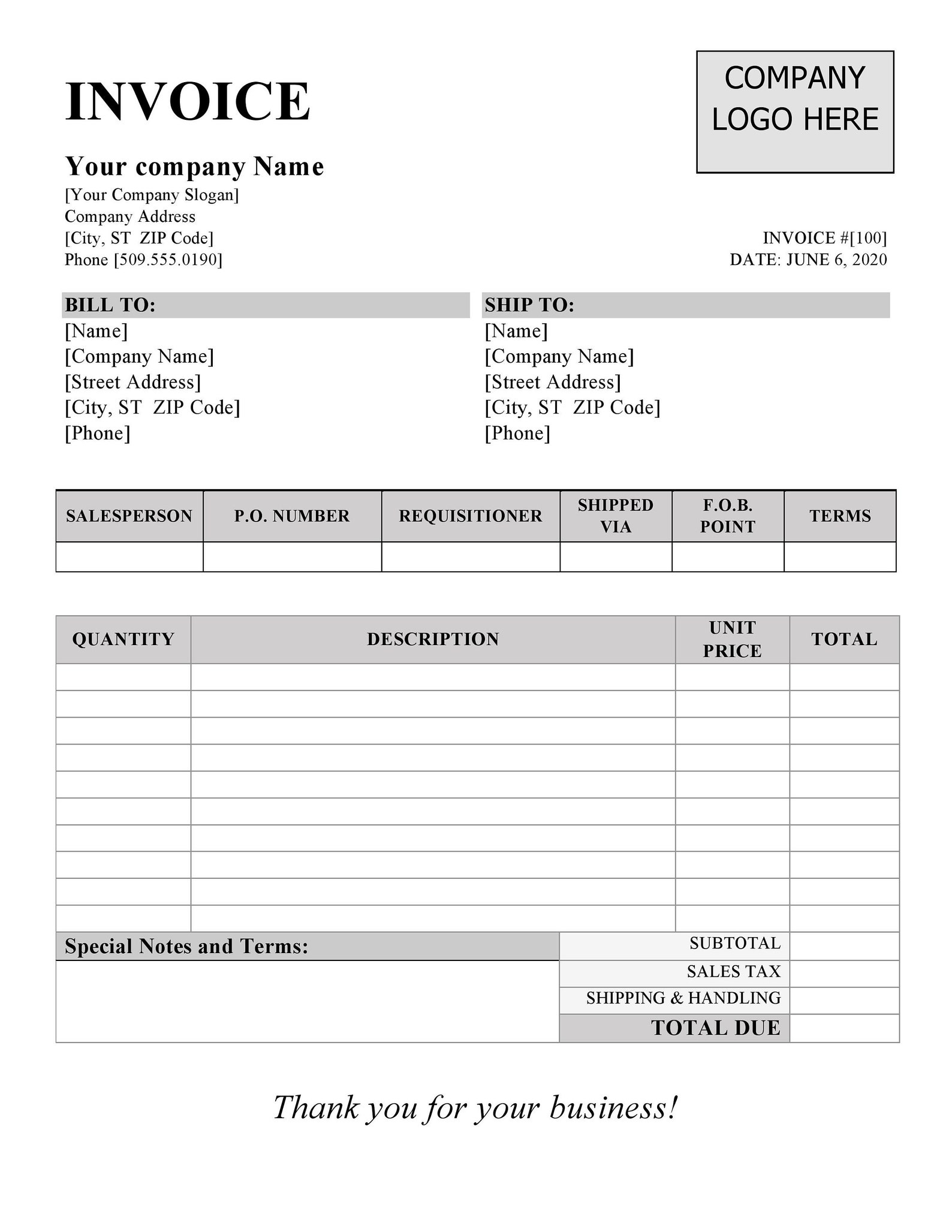 Free Downloadable Simple Blank Invoice Template Runtery