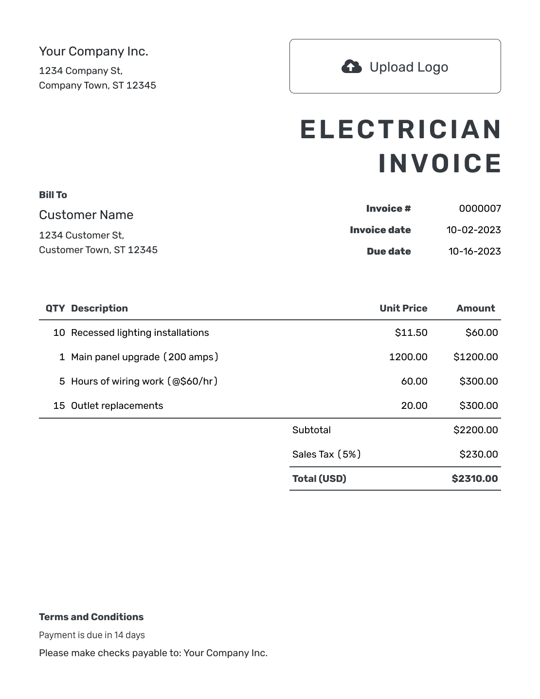 Free Electrician Invoice Template Docelf
