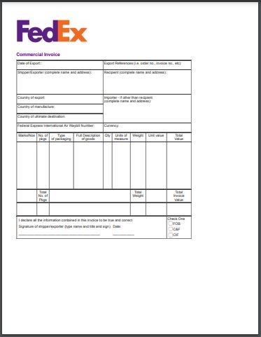 Free FedEx Commercial Invoice Template