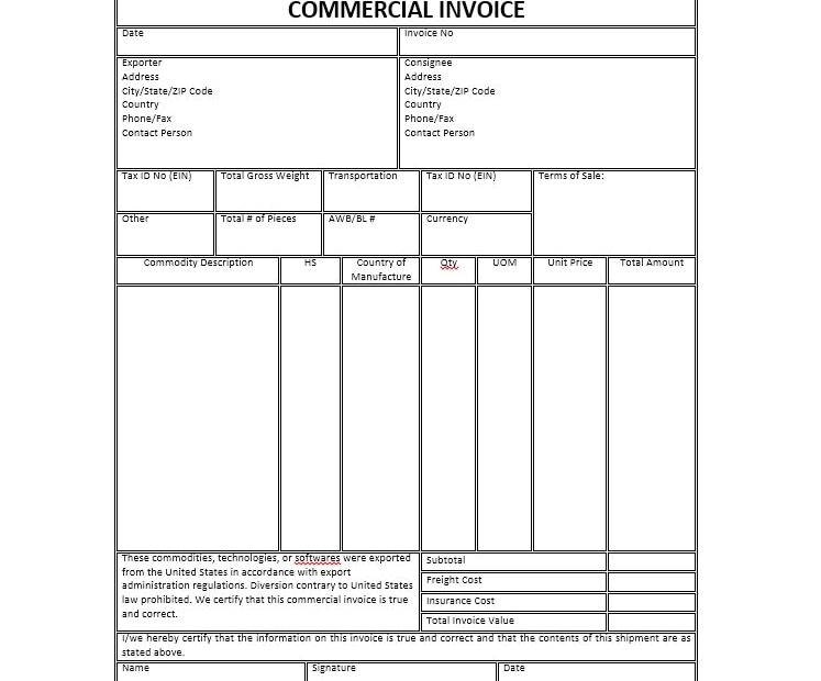 Free Fillable Commercial Invoice Template Printable Online