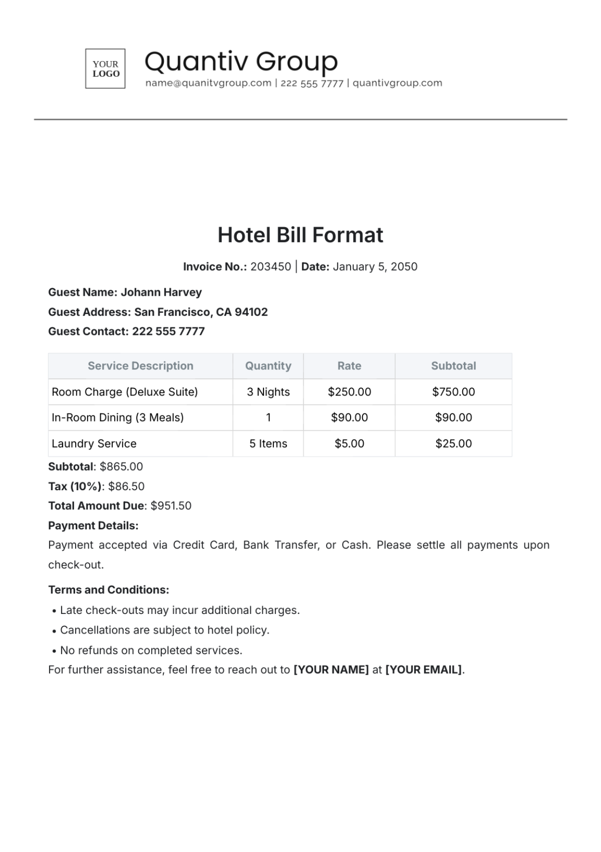 Free Hotel Invoice Templates Editable And Printable