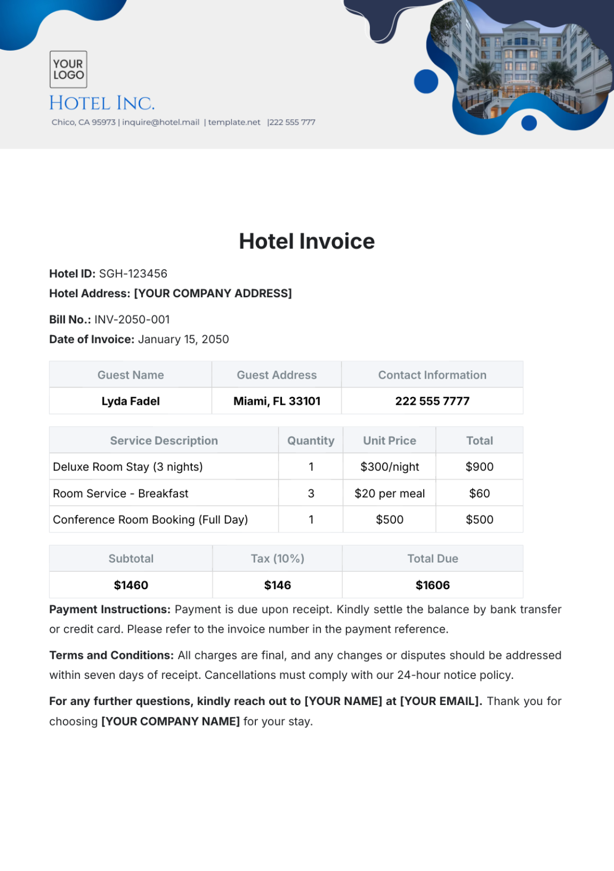 Free Hotel Invoice Templates Editable And Printable