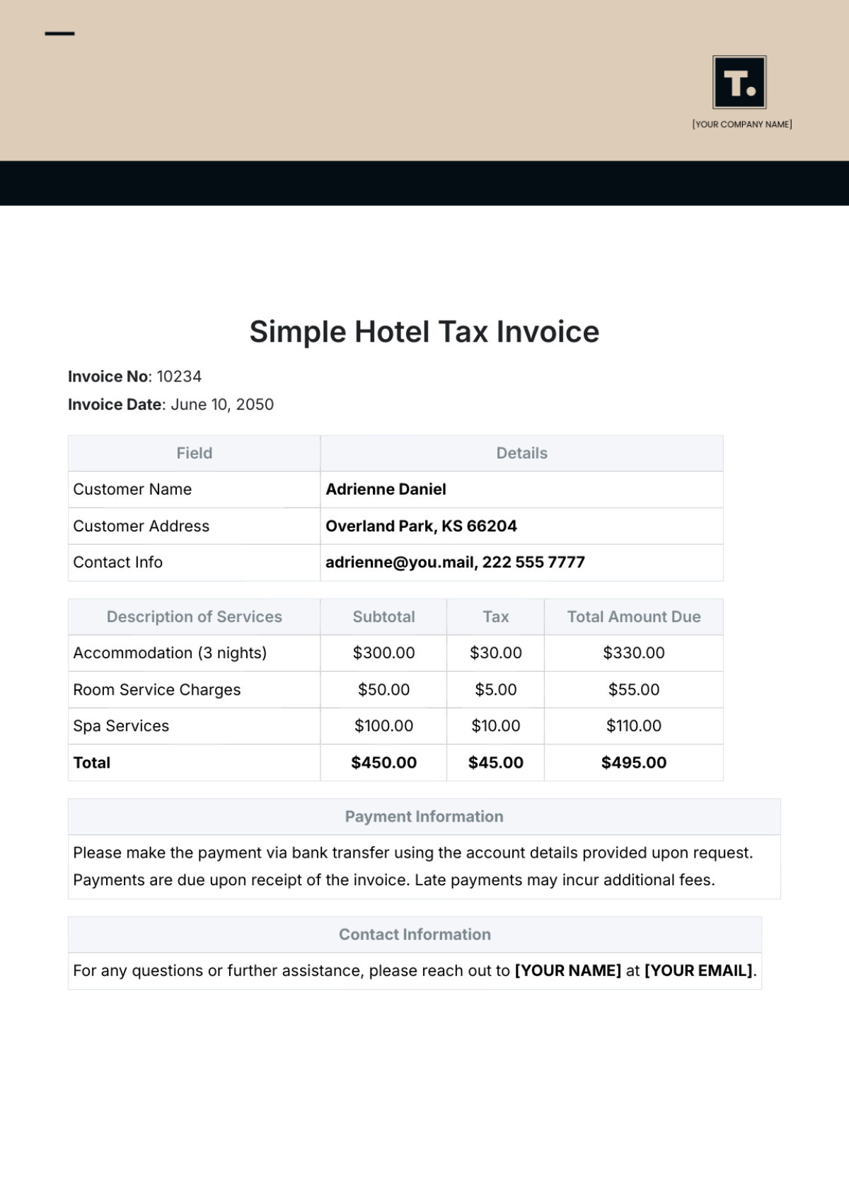 Free Hotel Invoice Templates Editable And Printable