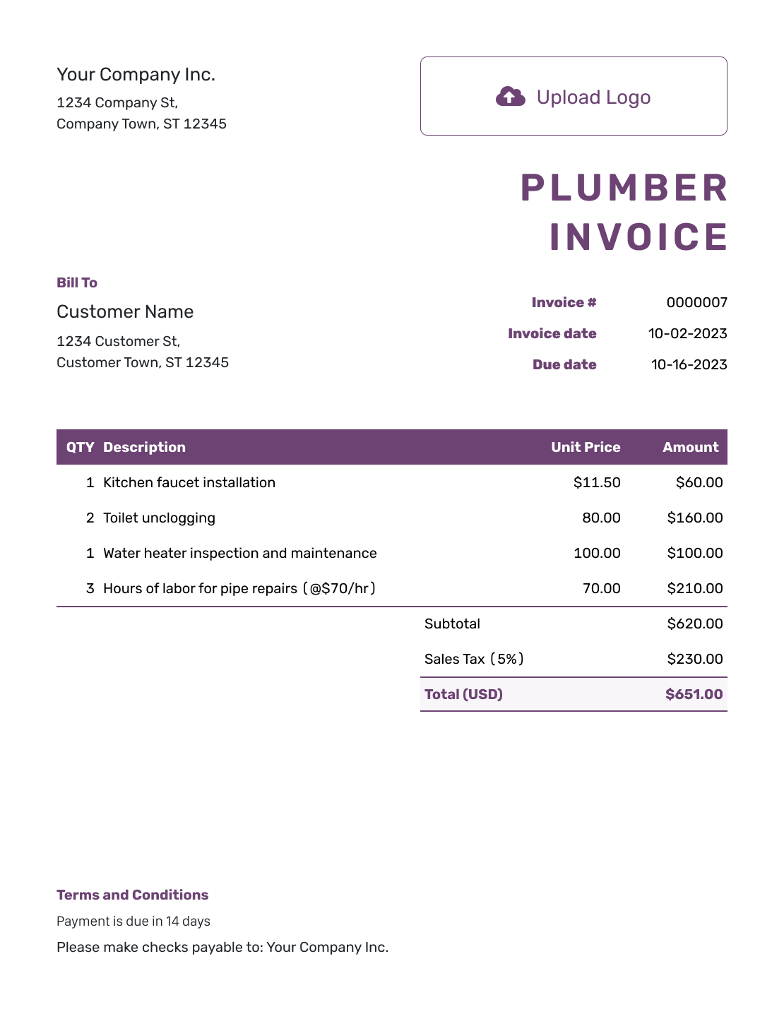 Free Plumber Invoice Template Docelf