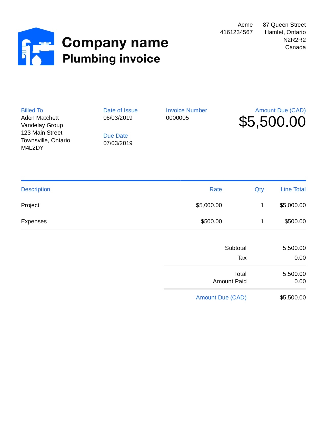 Free Plumbing Invoice Template Customize And Send In 90 Seconds