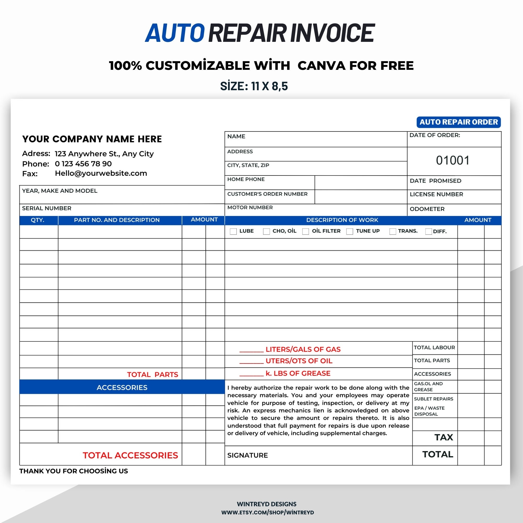 Free Printable Auto Repair Invoice Template FREE Printable Hub