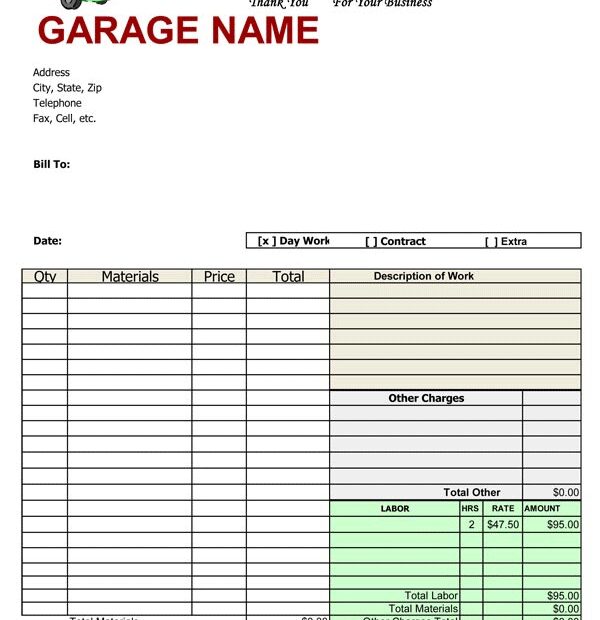 Free Printable Auto Repair Invoice Template Room Surf
