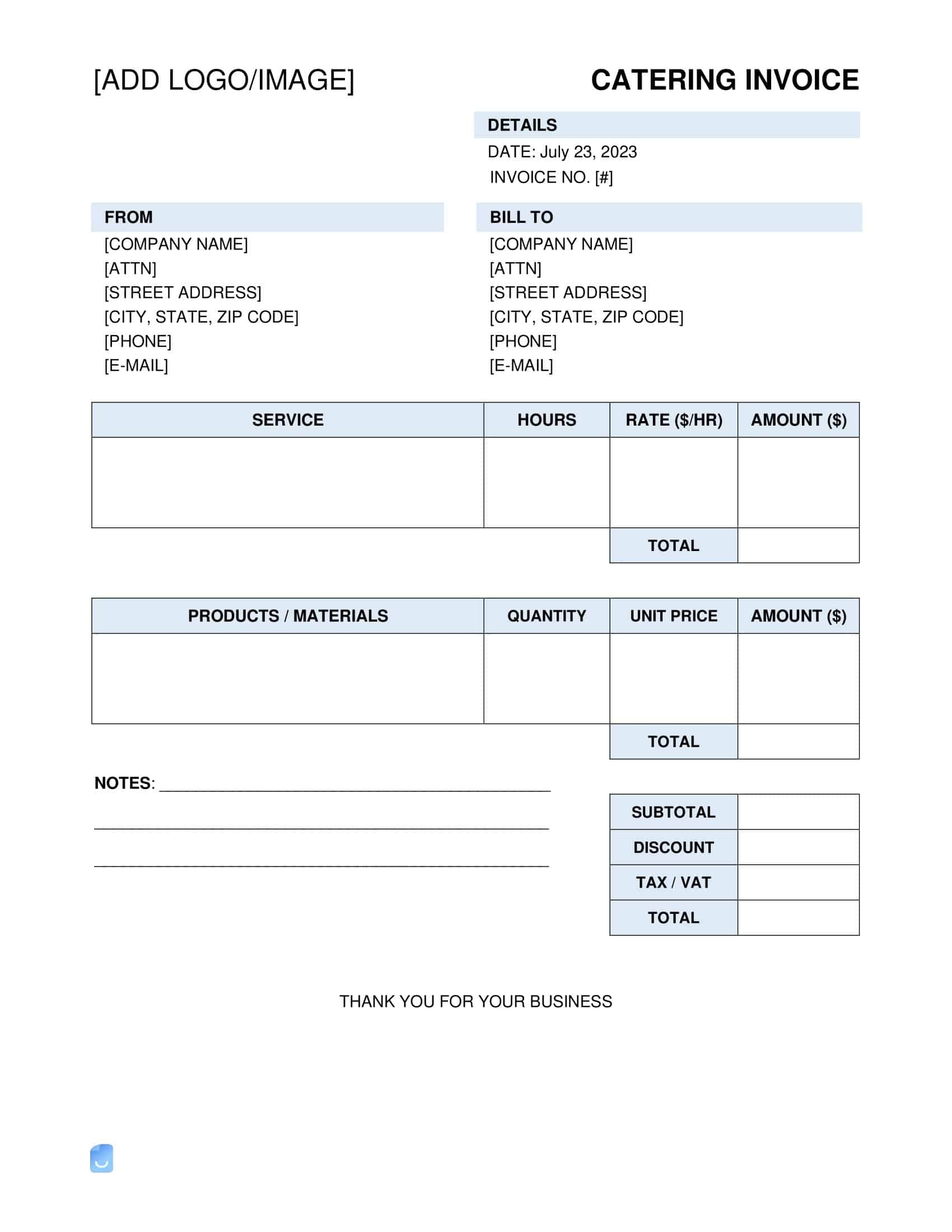 Free Printable Catering Invoice Templates Excel PDF Word 