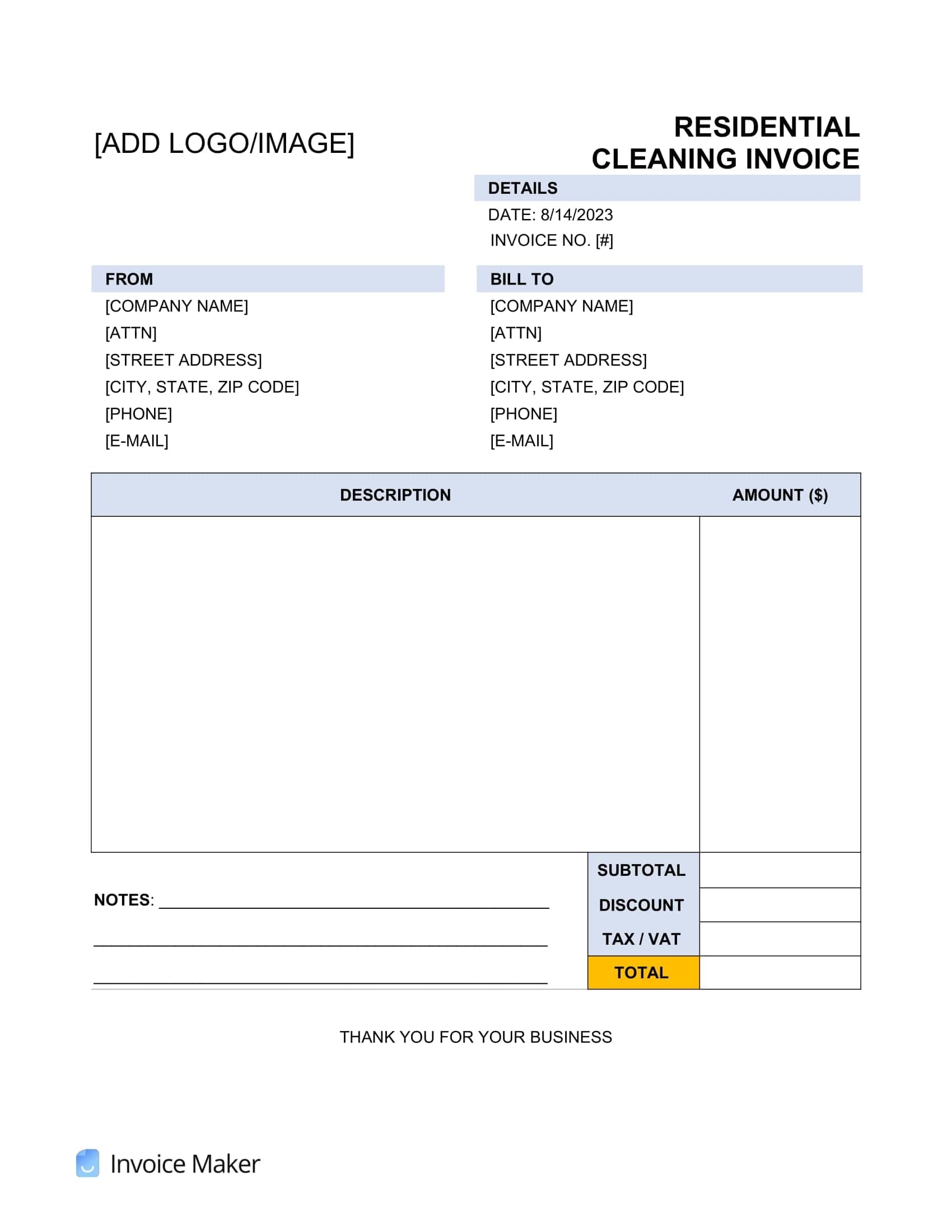 Free Printable Cleaning Invoice Templates Word Excel 