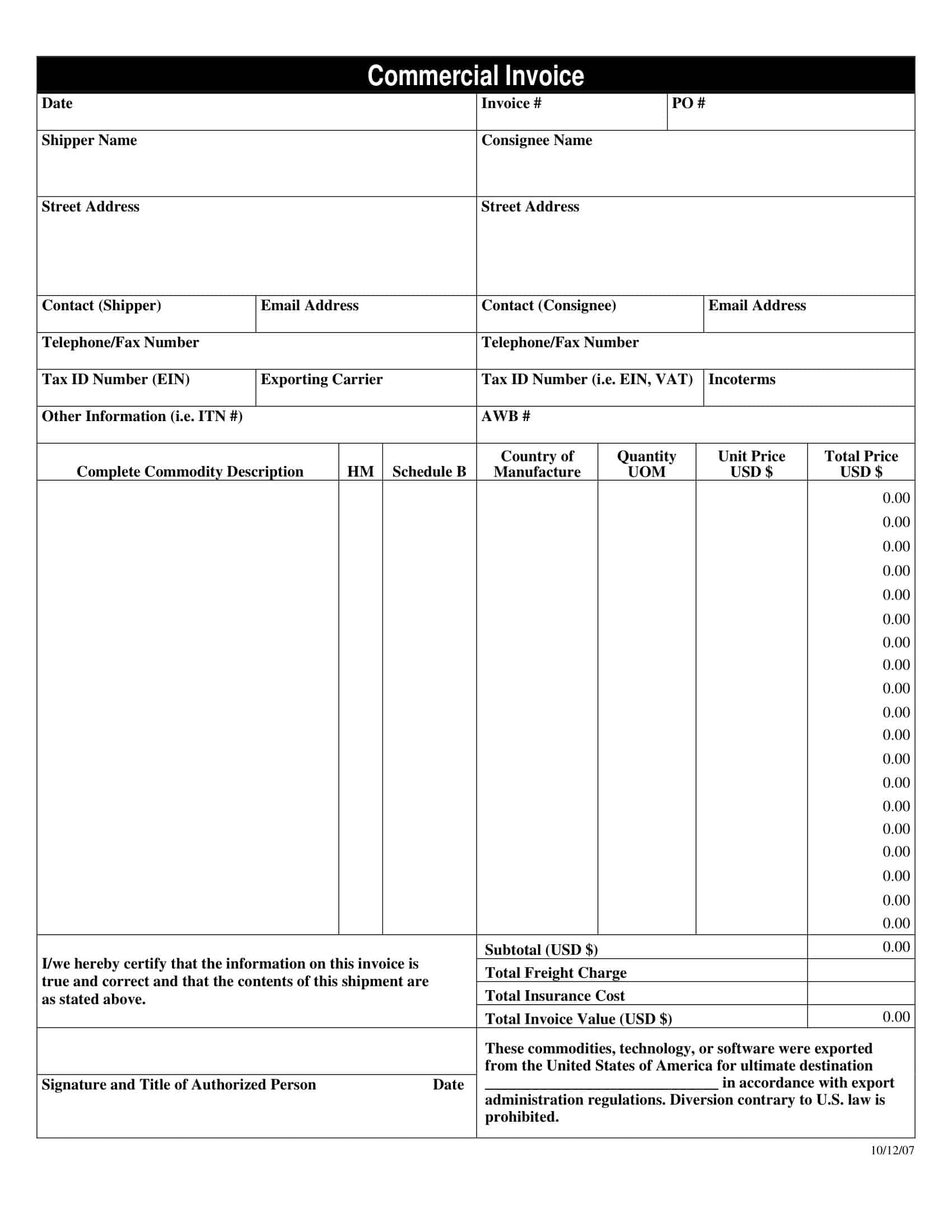 Free Printable Commercial Invoice Templates Word PDF Excel 