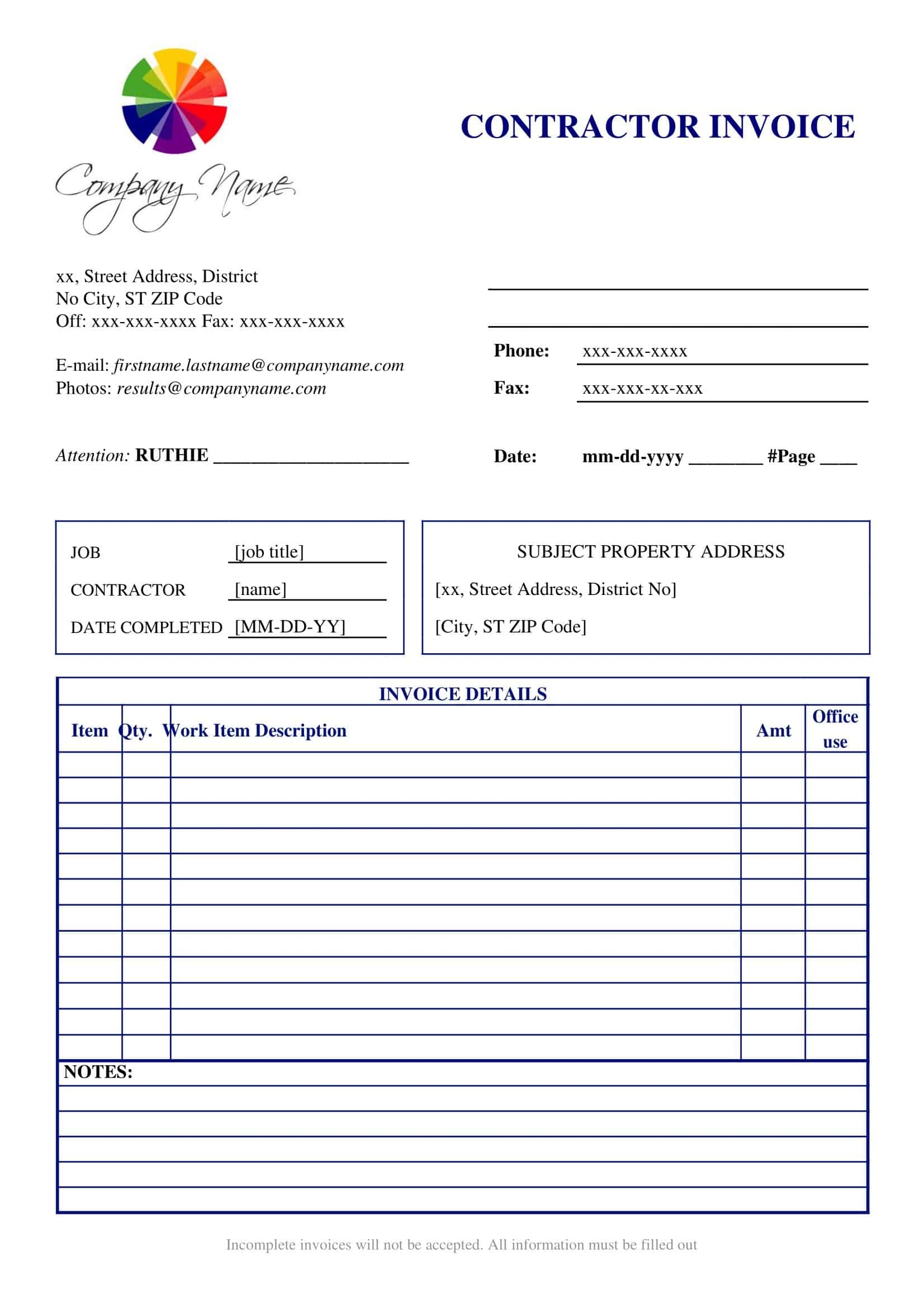 Free Printable Contractor Invoice Templates PDF Word Excel Download