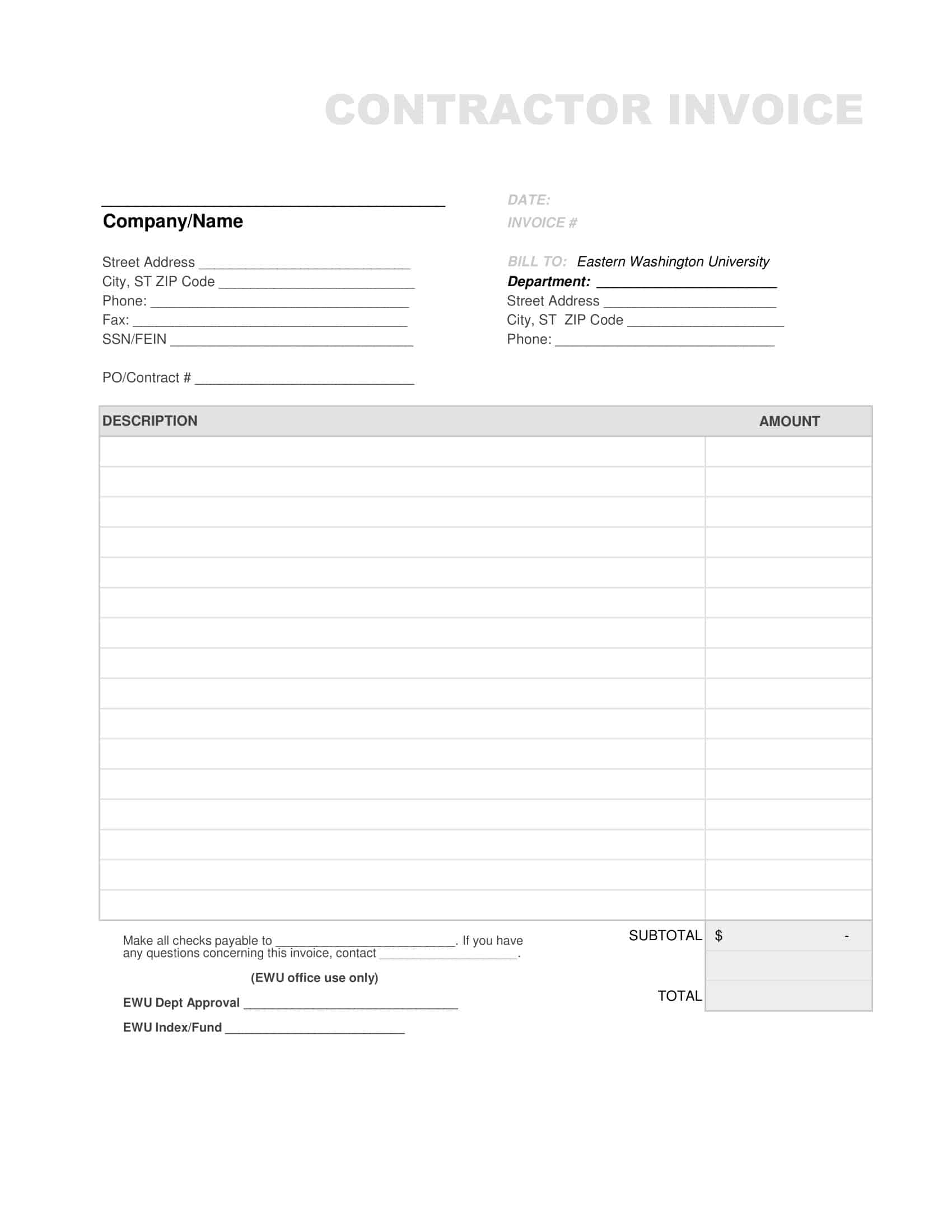 Free Printable Contractor Invoice Templates PDF Word Excel Download