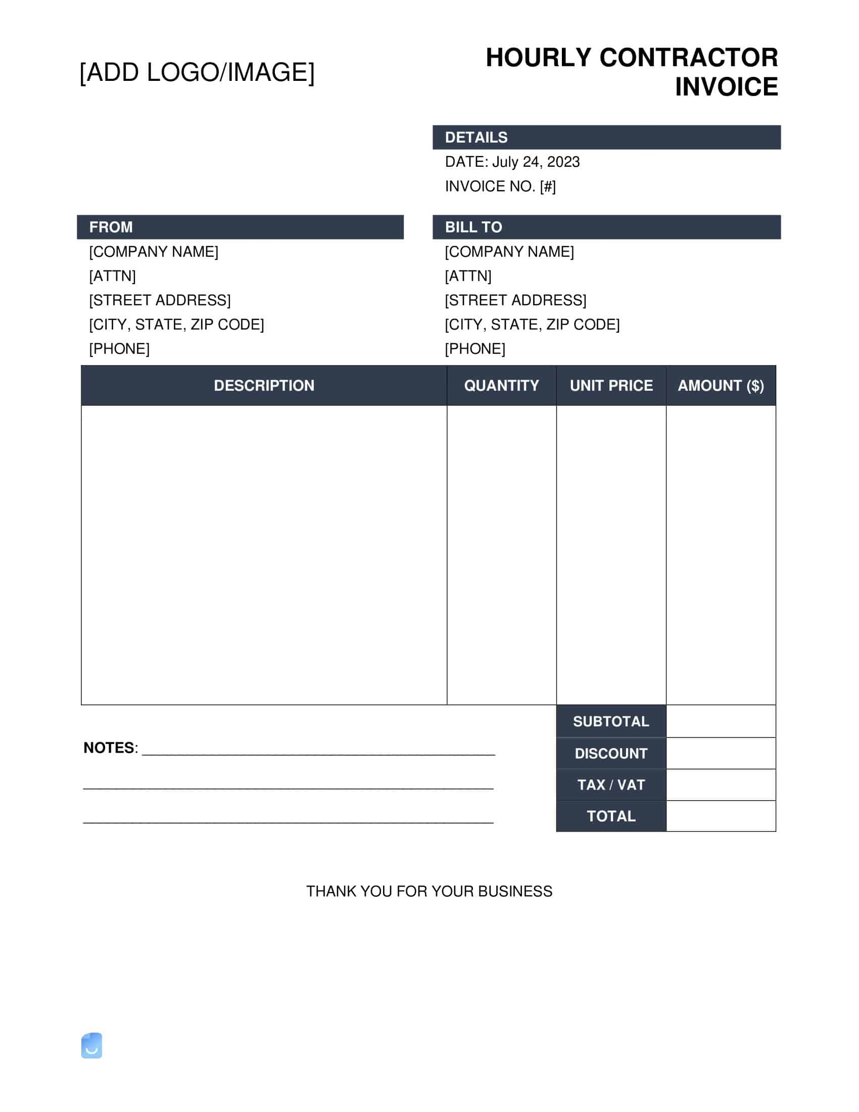 Free Printable Contractor Invoice Templates PDF Word Excel Download