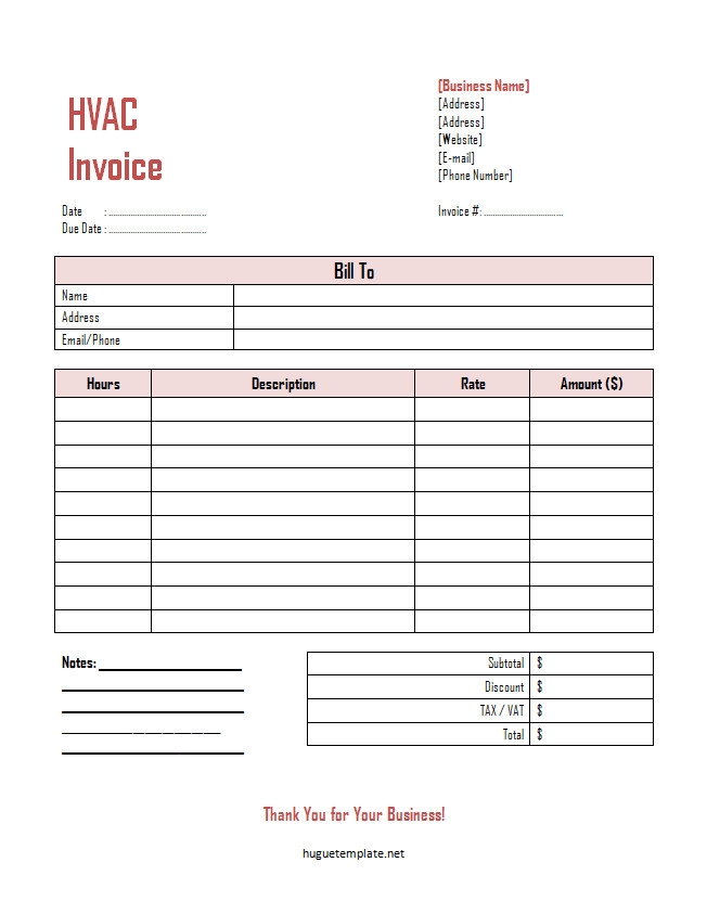 Free Printable HVAC Invoice Template Word 