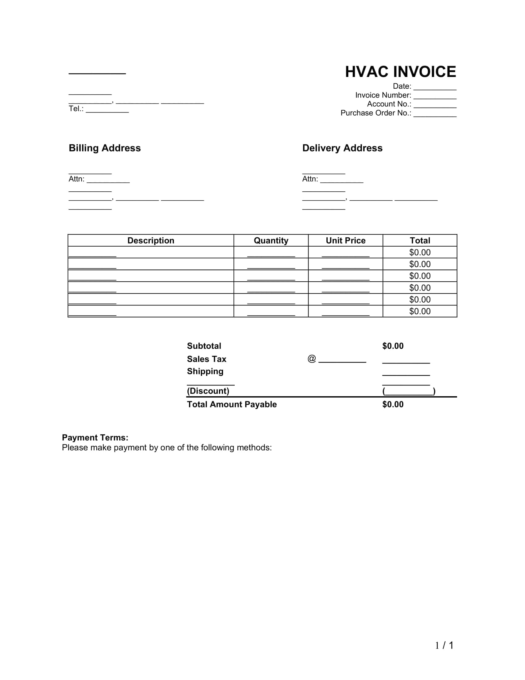 Free Printable HVAC Invoice Templates PDF Excel 