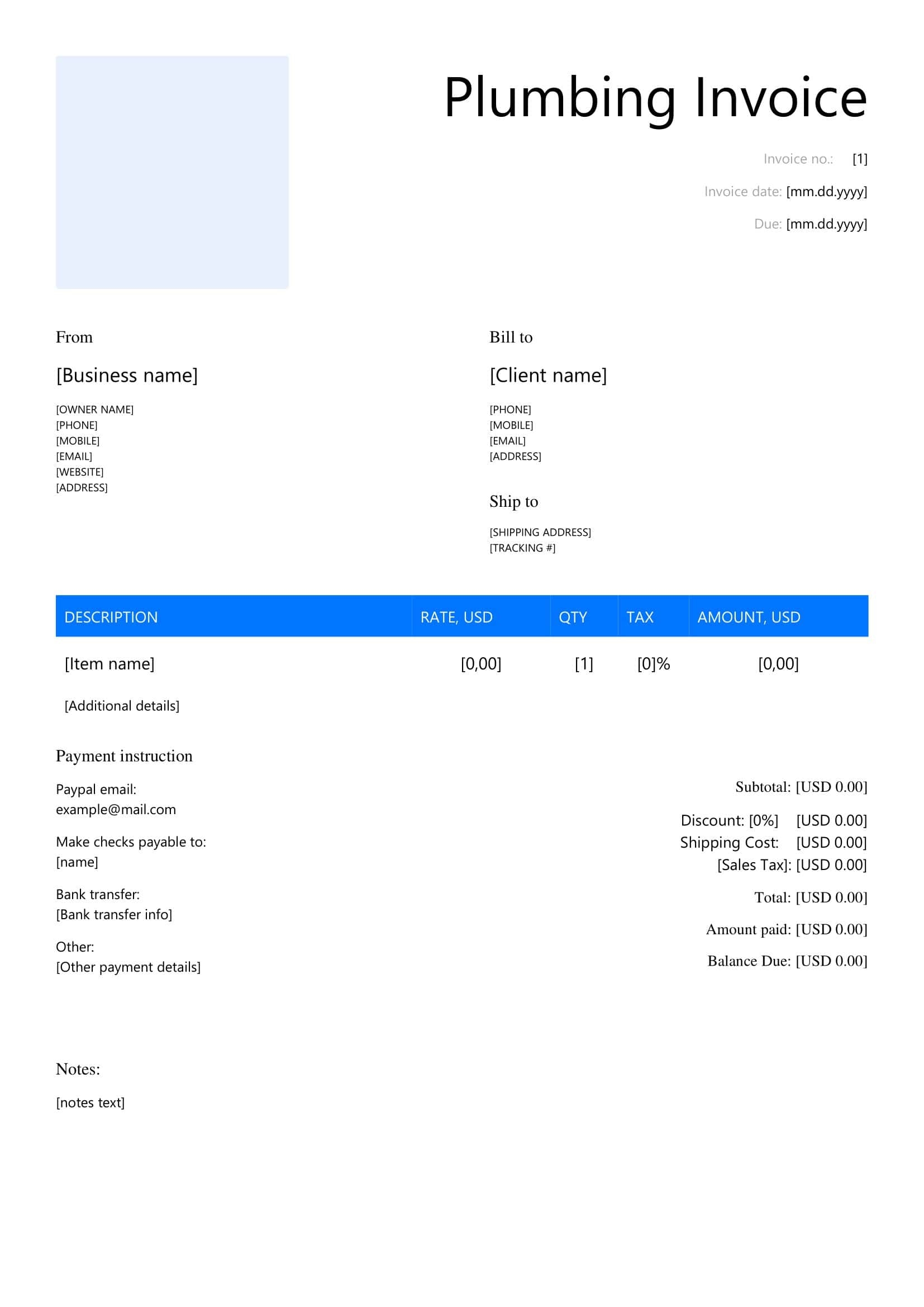 Free Printable Plumbing Invoice Templates Excel PDF 