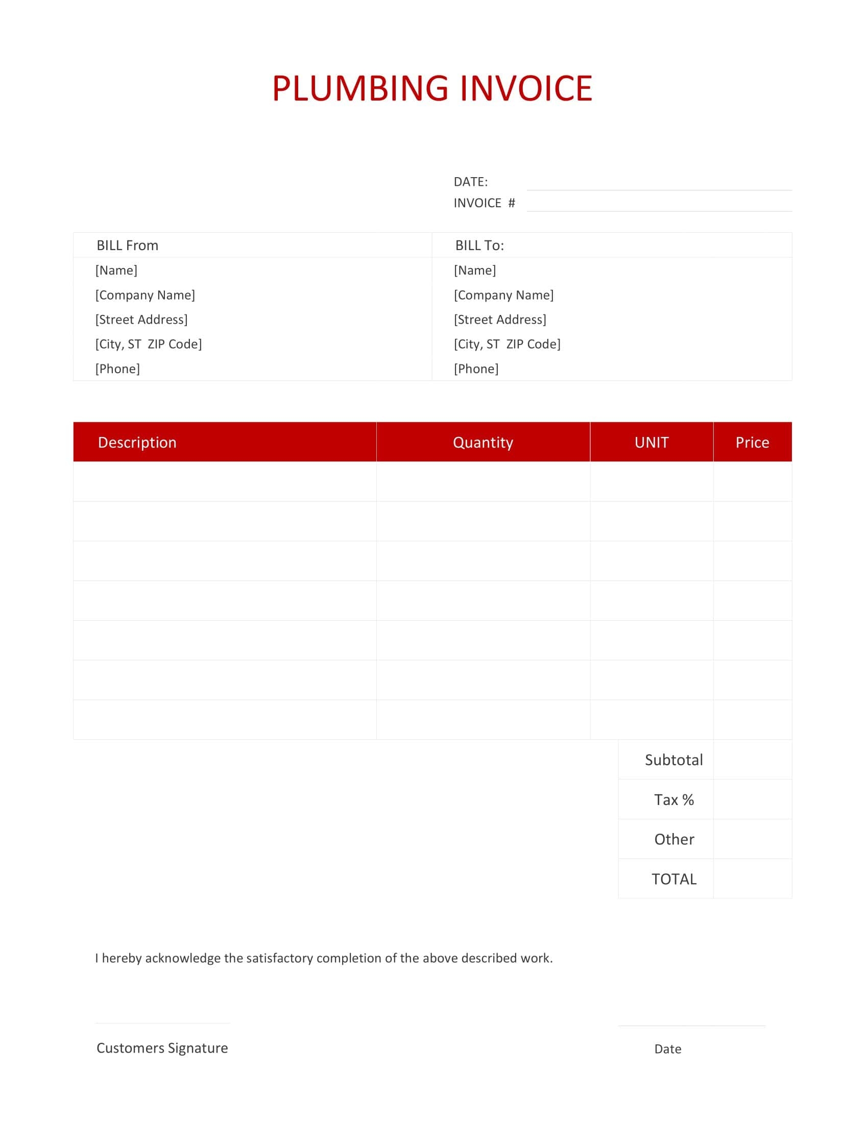Free Printable Plumbing Invoice Templates Excel PDF 