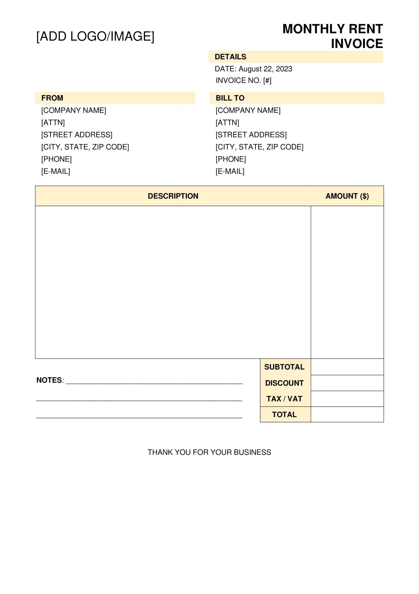 Free Printable Rent Invoice Templates Word Excel PDF 