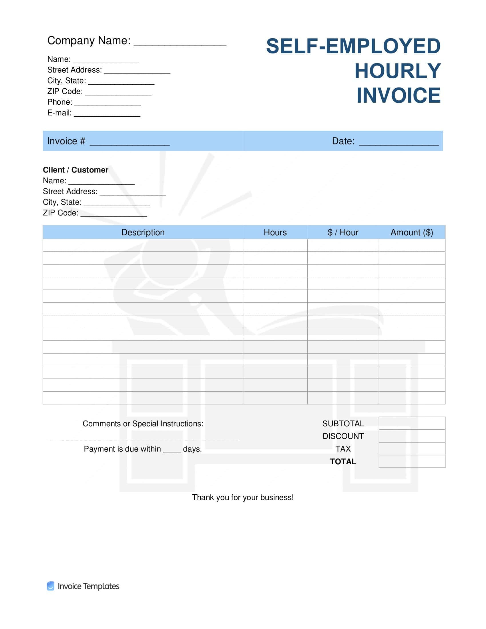 Free Printable Self Employed Invoice Templates Word PDF Hours Worked
