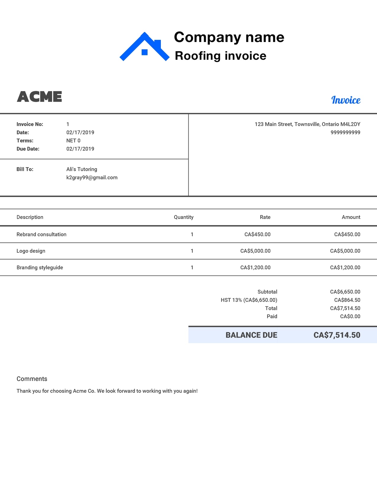 Free Roofing Invoice Template Customize And Send In 90 Seconds