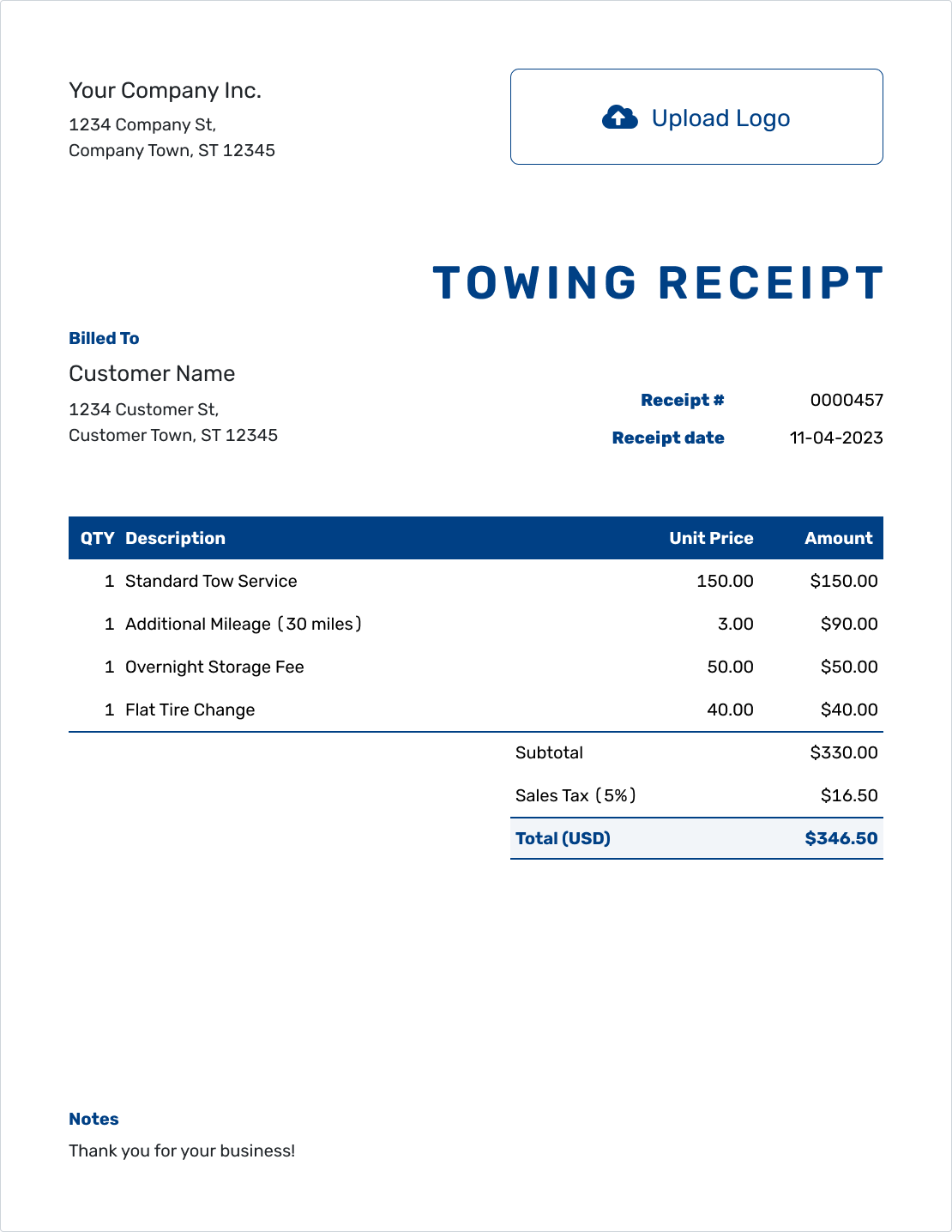 Free Towing Receipt Template Docelf
