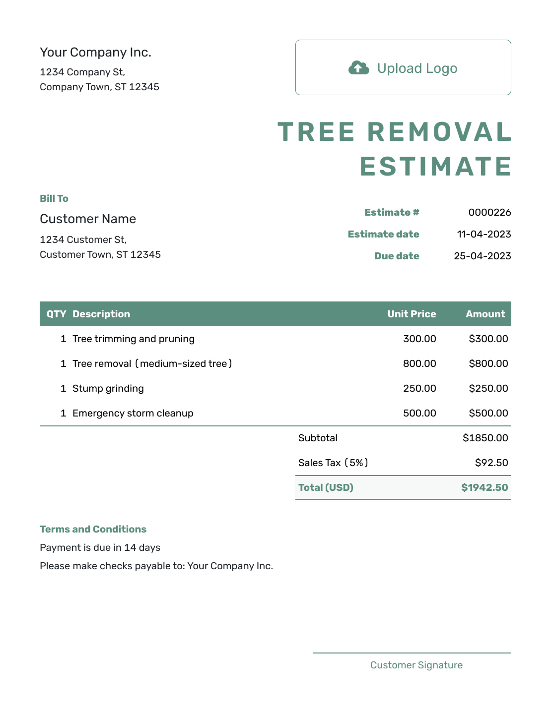 Free Tree Removal Estimate Template Docelf