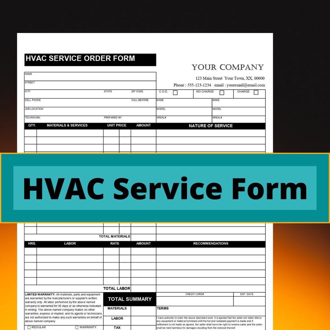 HVAC Service Order Form Template Business Form Template Digital Download Editable Printable Excel HVAC Service Invoice Etsy