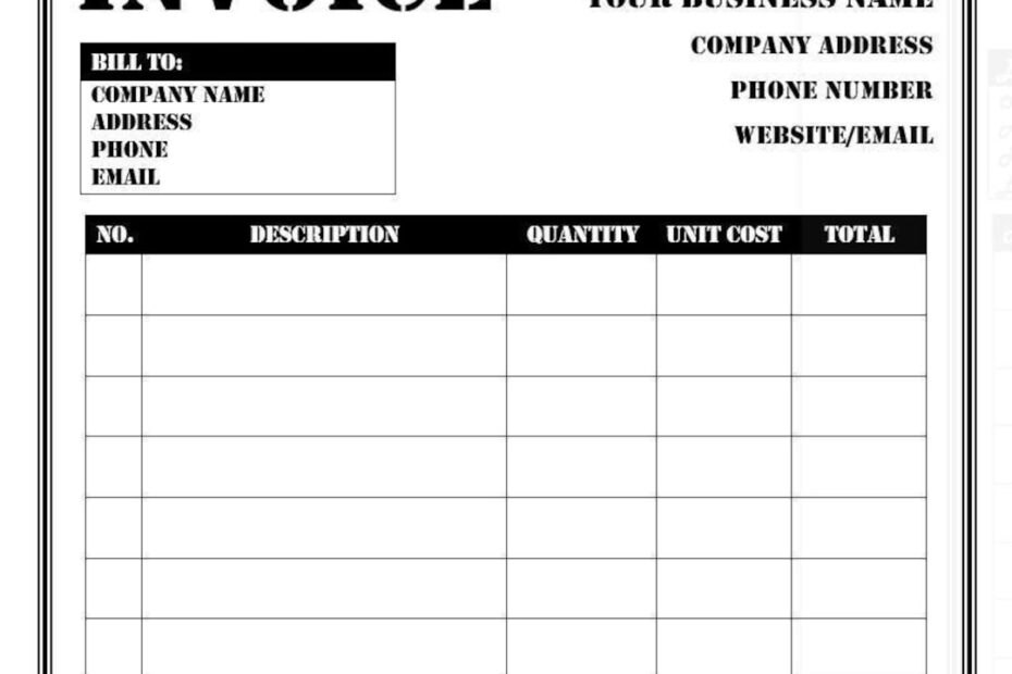 Invoice Template 4 Printable Editable Customizable Microsoft Word Template Black And White Etsy