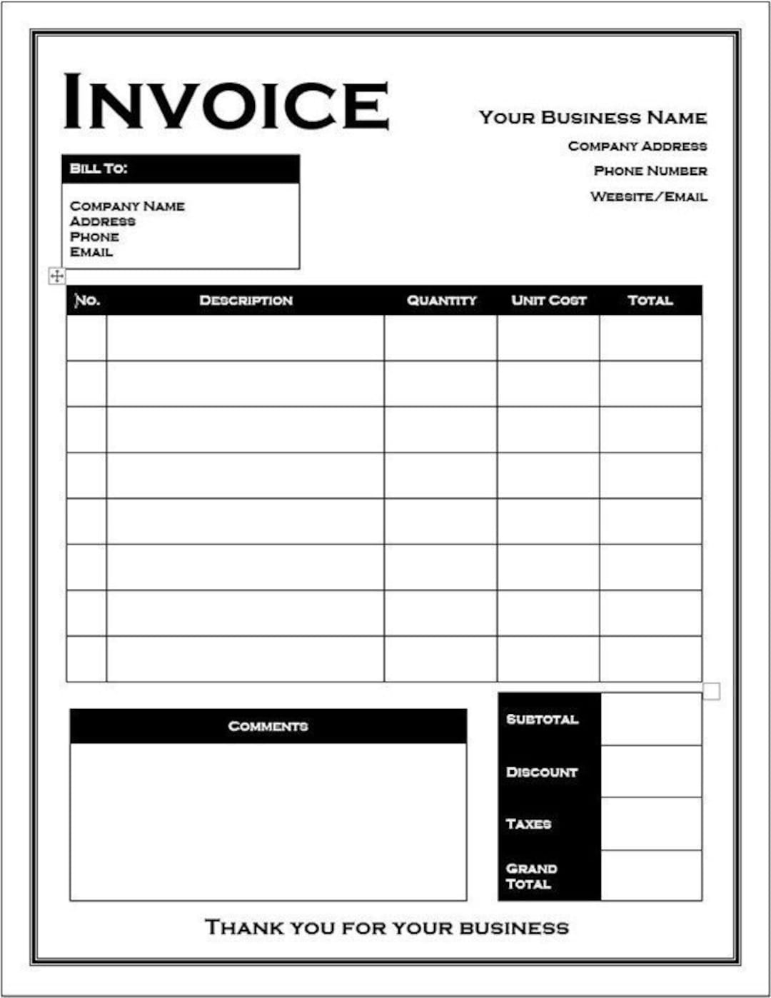 Invoice Template Printable Editable Customizable Microsoft Word Template Black And White Etsy Australia