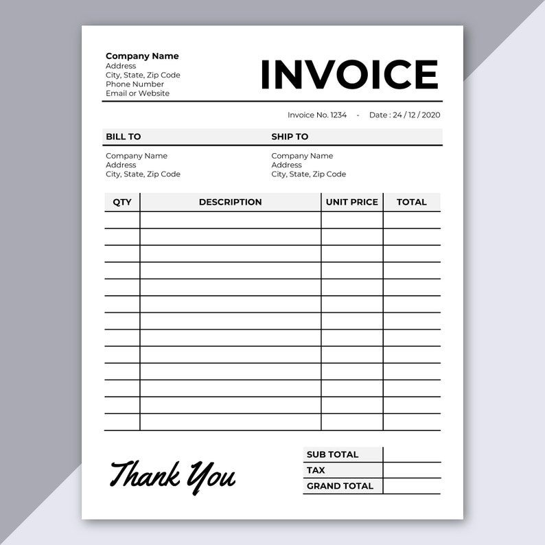 Invoice Template Printable Invoice Editable Invoice Etsy Australia 
