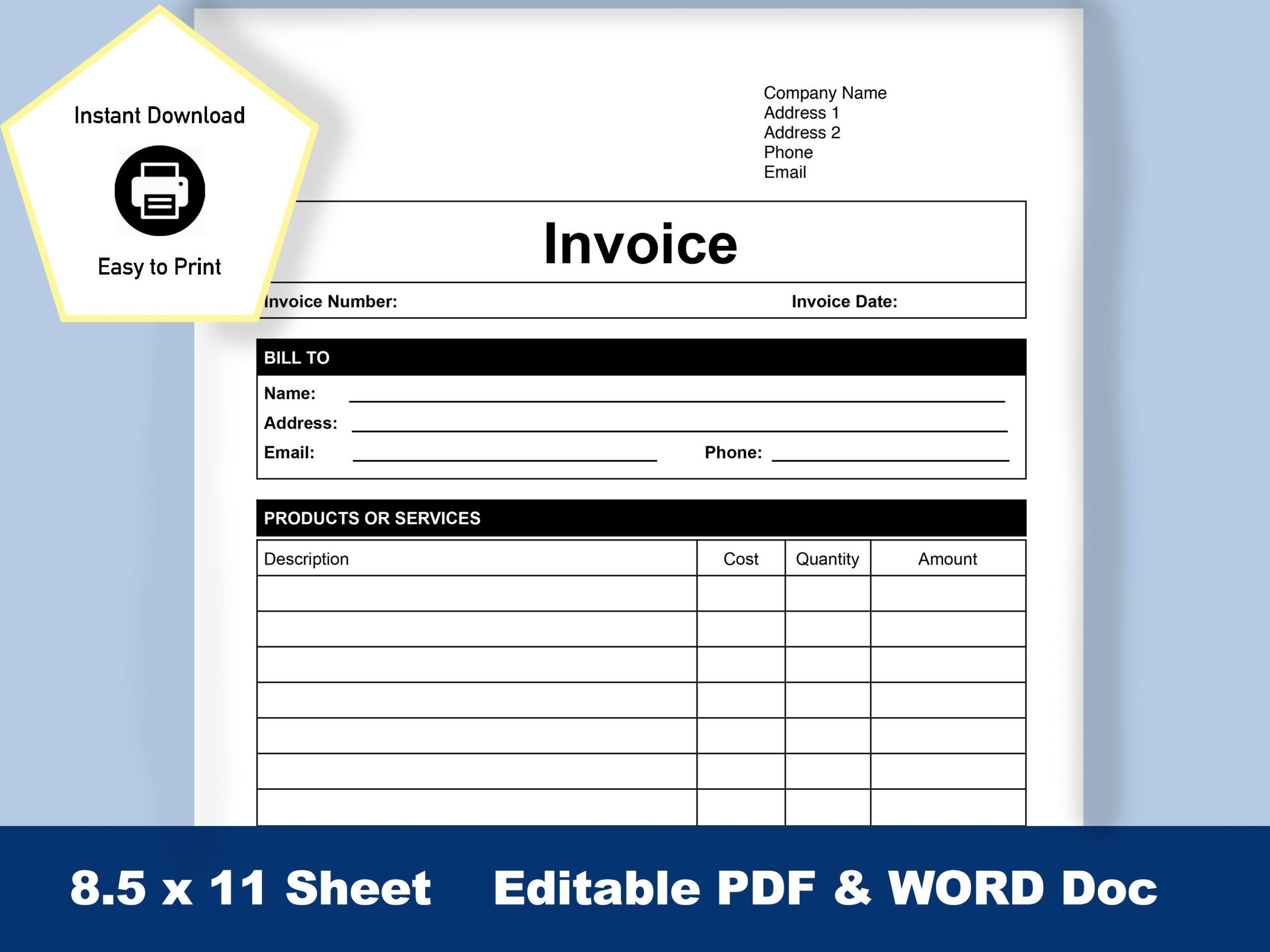Invoice Template Word U0026 PDF Business Invoice Download Invoice Word Doc Editable Invoice Custom Invoice Printable Invoice Invoice Form Etsy